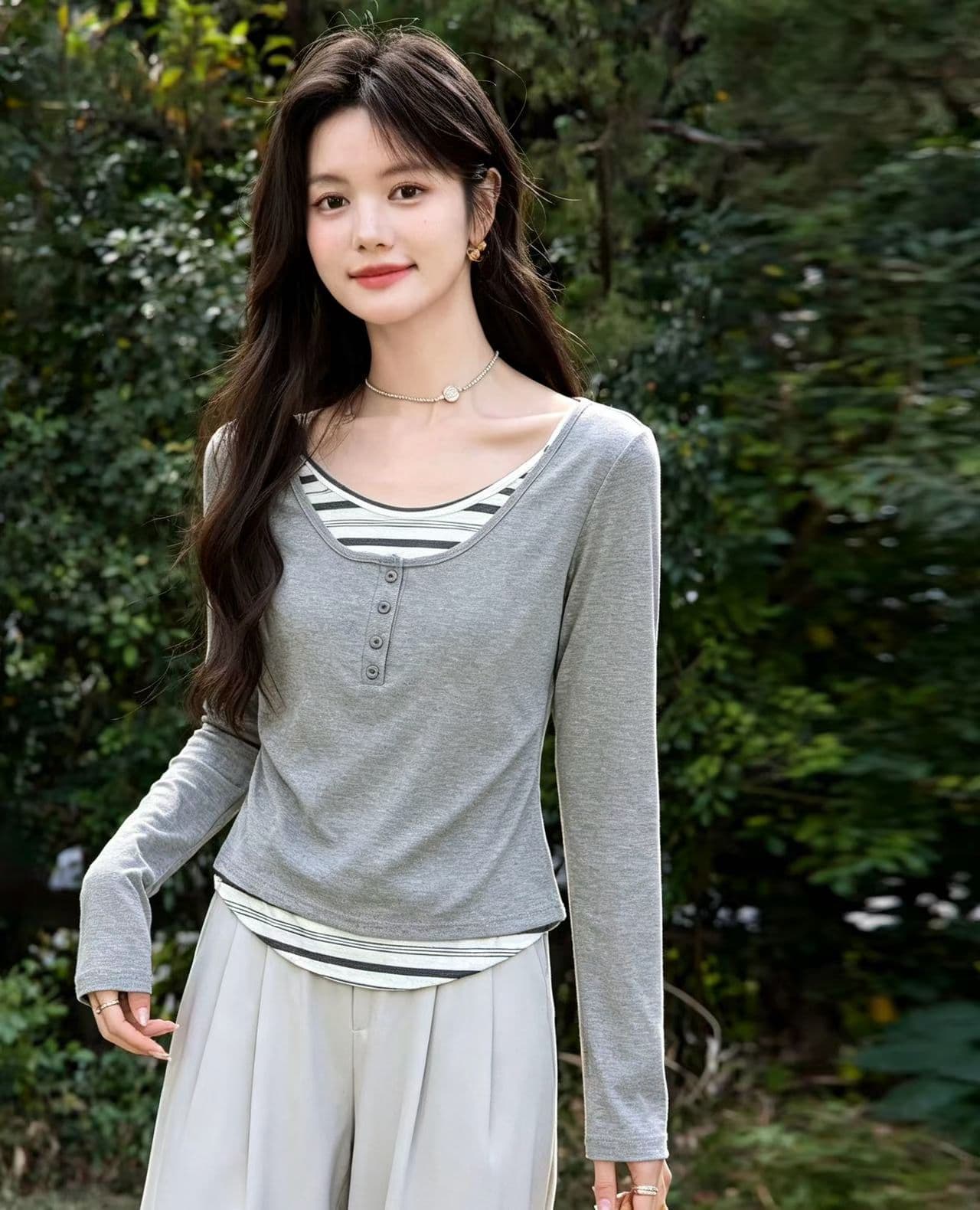 우유 황색 페이크 레이어드 꽃무늬 긴팔 티셔츠 여성 2026 봄 가을 만나는 인사이드 가져 가라. 작은 키 맨위 두 조각 이미지 2