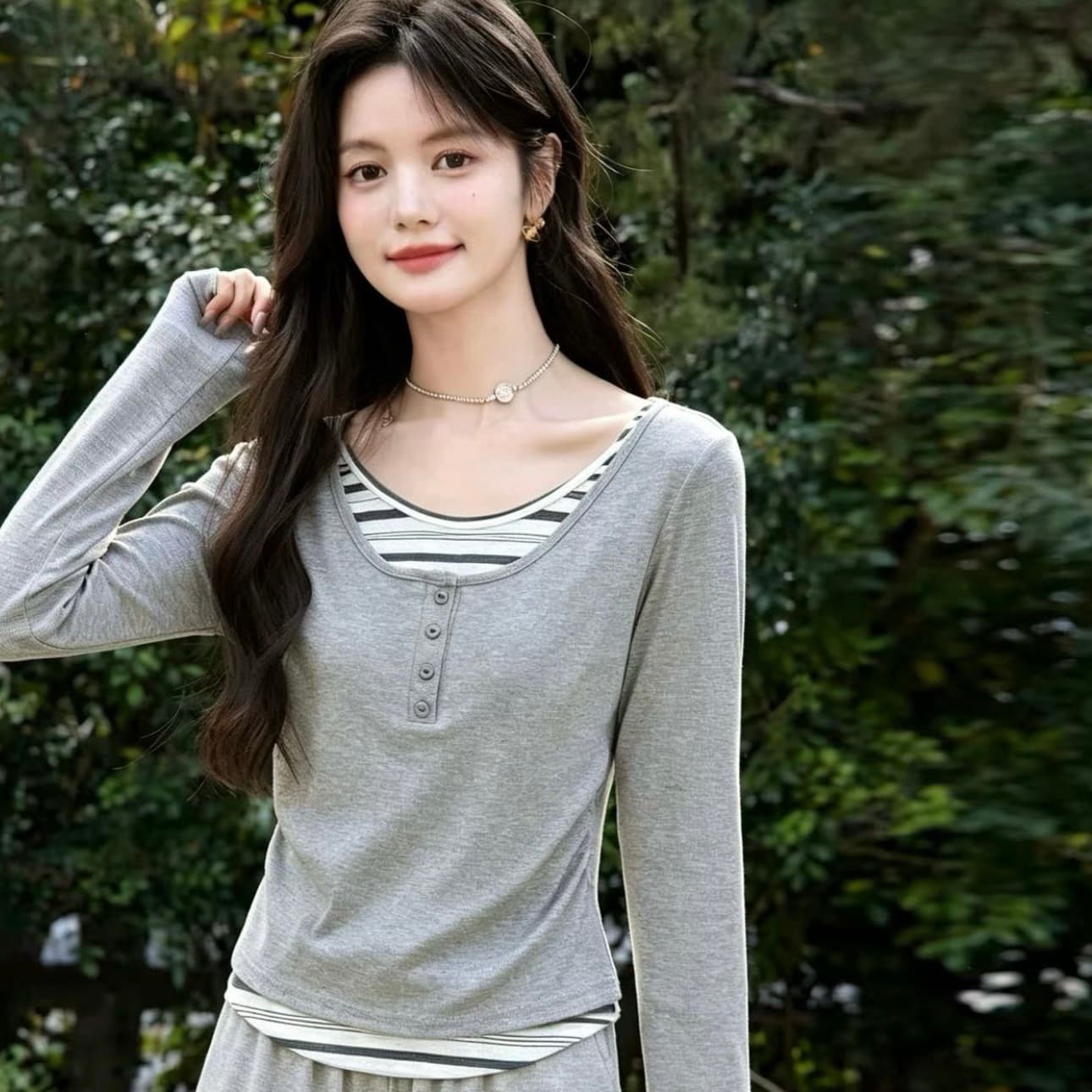 우유 황색 페이크 레이어드 꽃무늬 긴팔 티셔츠 여성 2026 봄 가을 만나는 인사이드 가져 가라. 작은 키 맨위 두 조각 이미지 5