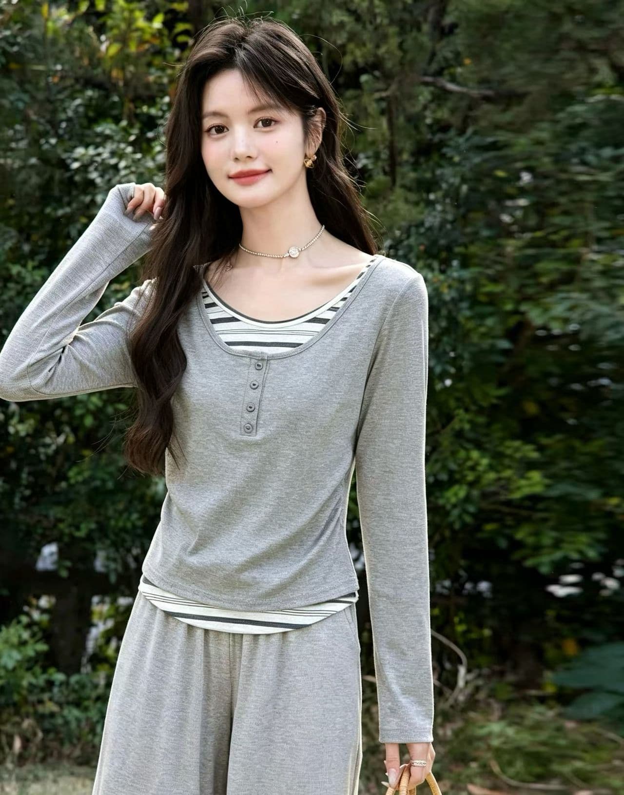우유 황색 페이크 레이어드 꽃무늬 긴팔 티셔츠 여성 2026 봄 가을 만나는 인사이드 가져 가라. 작은 키 맨위 두 조각 상세 이미지 6