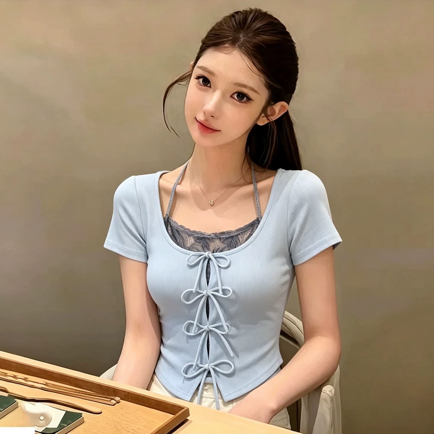 나비 넥타이 페이크 레이어드 행침 목 반팔 티셔츠 여성 여름 새로운 핫걸 몸매 가꾸기 고유 한 그레이트 봐. 의류 상세 이미지 1