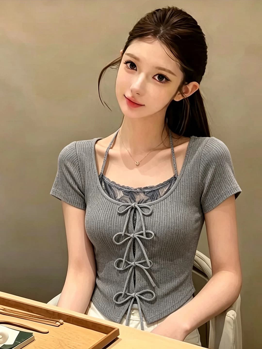 나비 넥타이 페이크 레이어드 행침 목 반팔 티셔츠 여성 여름 새로운 핫걸 몸매 가꾸기 고유 한 그레이트 봐. 의류 상세 이미지 2