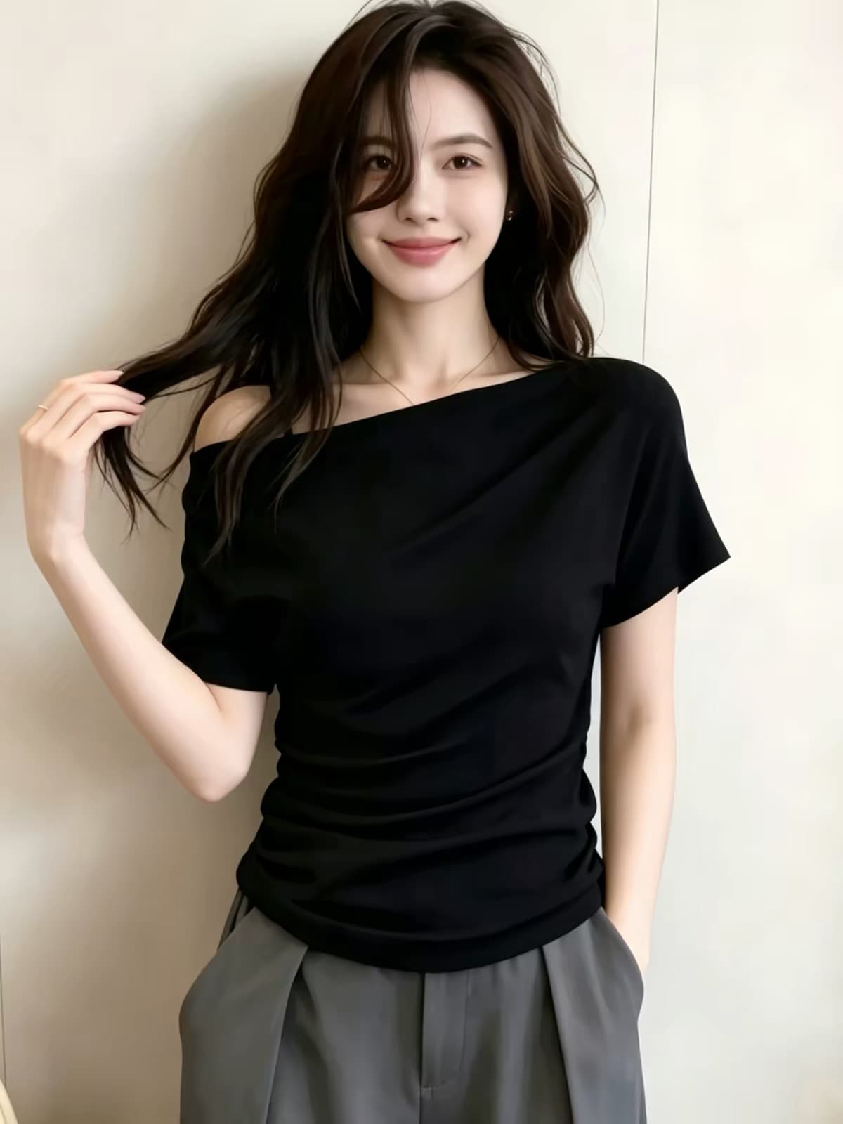 검정색 비스듬한 어깨 오프숄더 반팔 티셔츠 여성 의류 2026 새로운 여름 고유 한 아름다운 자이언트 잘 생긴 오프숄더 맨위 상세 이미지 1