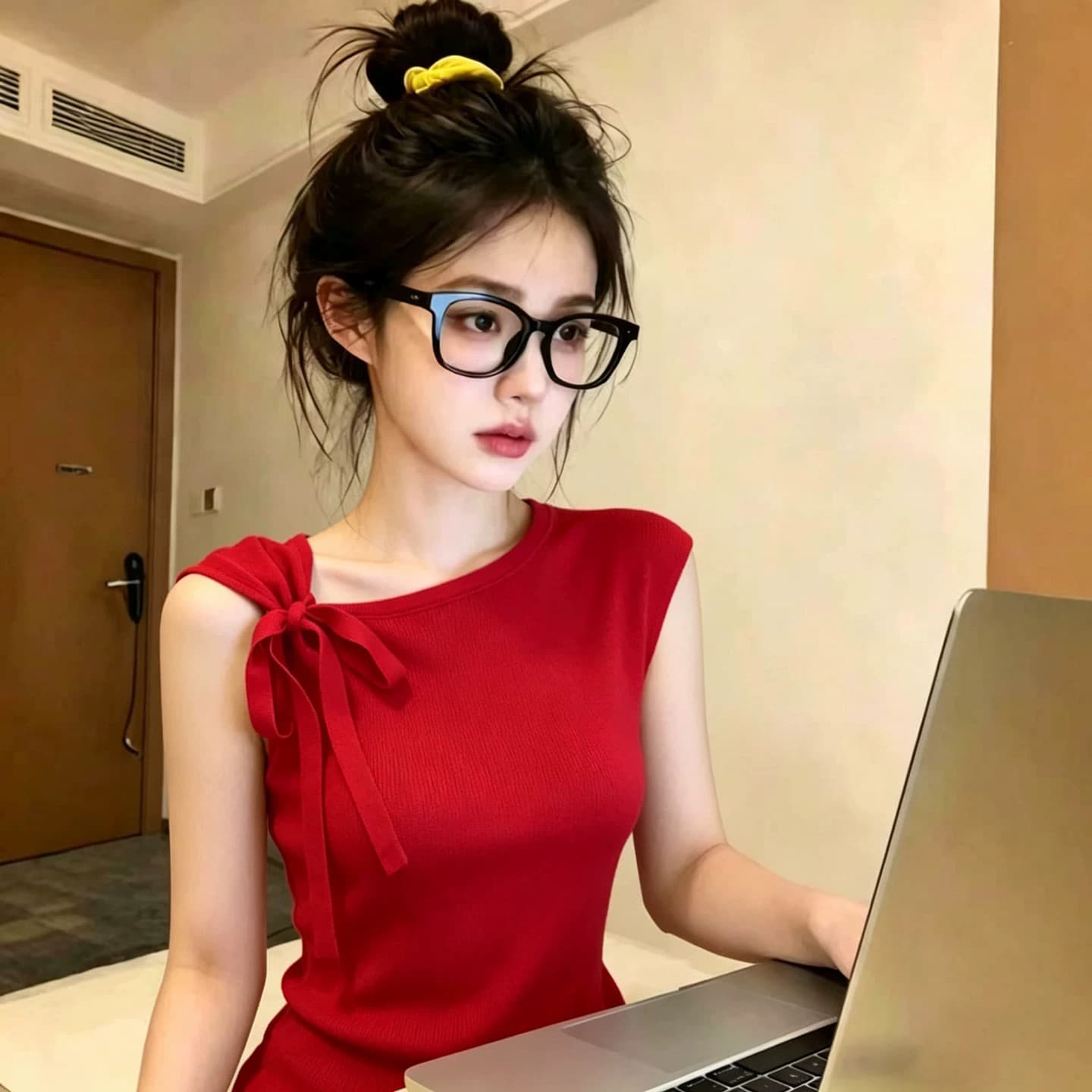 나비 매듭 비스듬한 어깨 작은 날다 소매 짠 셔츠 여성 의류 여름 새로운 올해 인기 폭발 불규칙 슬림해 보이는 맨위 이미지 2