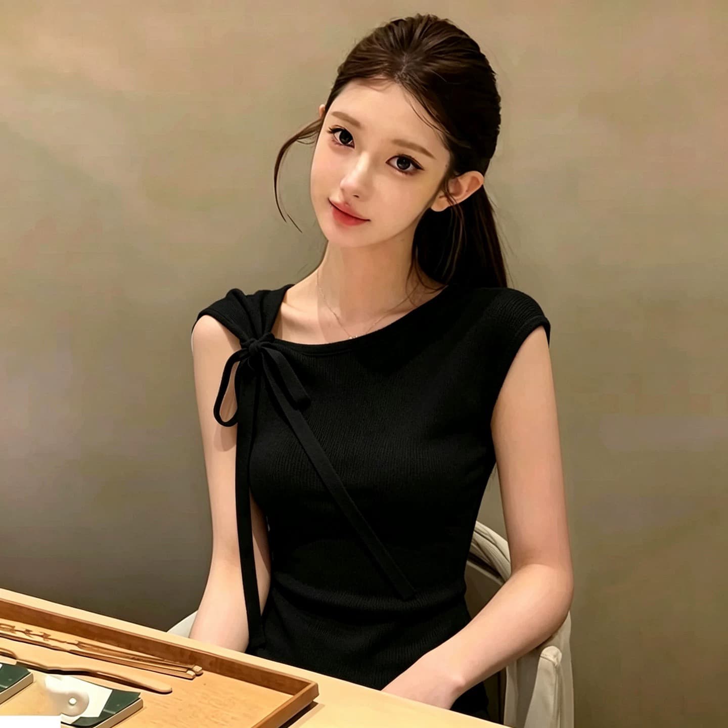 나비 매듭 비스듬한 어깨 작은 날다 소매 짠 셔츠 여성 의류 여름 새로운 올해 인기 폭발 불규칙 슬림해 보이는 맨위 이미지 4