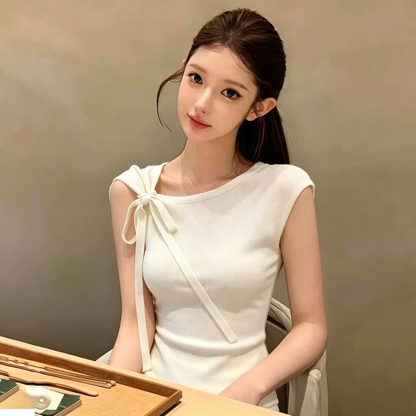 나비 매듭 비스듬한 어깨 작은 날다 소매 짠 셔츠 여성 의류 여름 새로운 올해 인기 폭발 불규칙 슬림해 보이는 맨위 상세 이미지 5