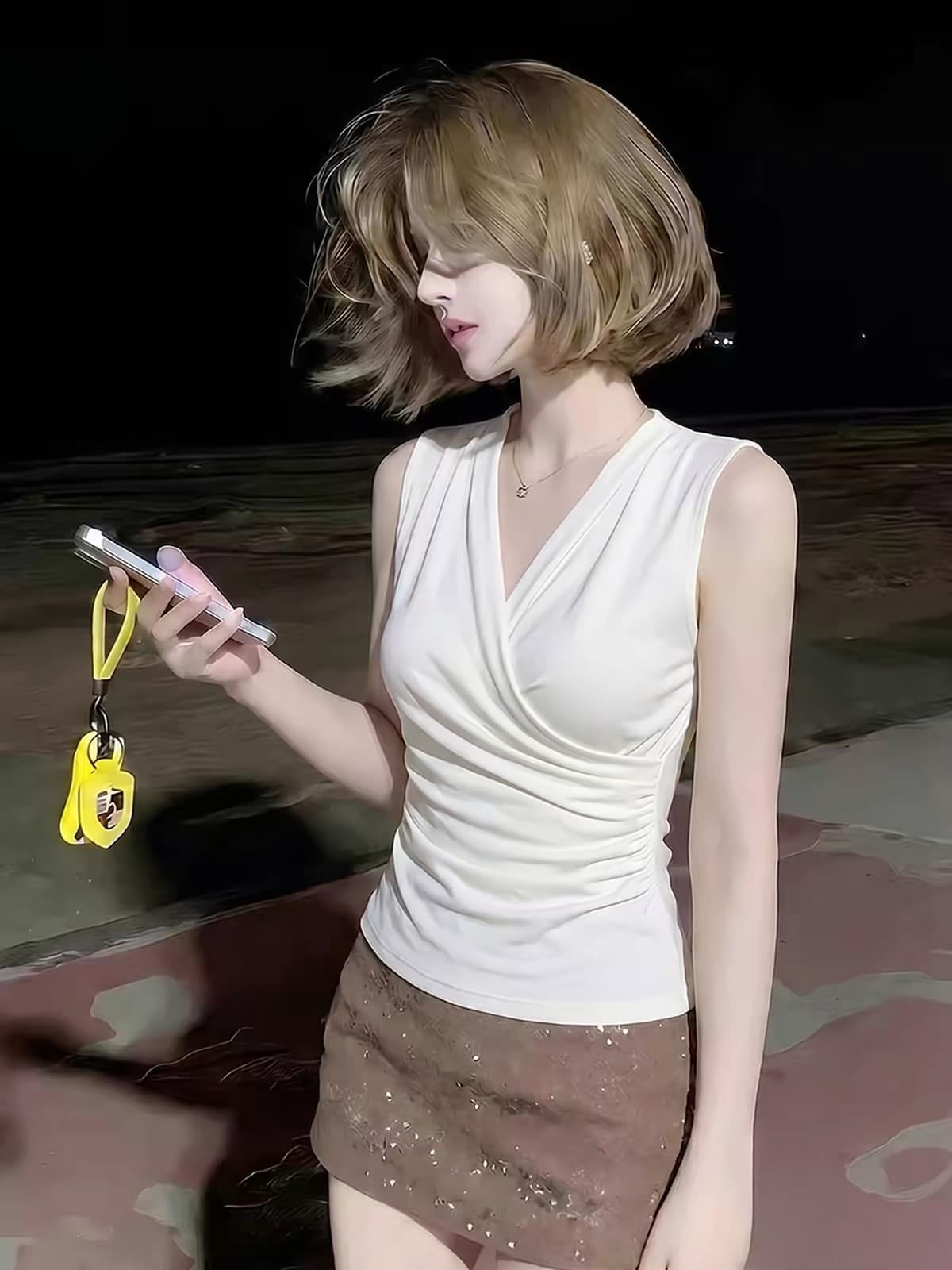 화이트 십자가 V넥 허리 수축 민소매 티셔츠 여성 2026 새로운 여름 프랑스식 사소한 아름다운 맨위 해변가 착용 가져 가라.
