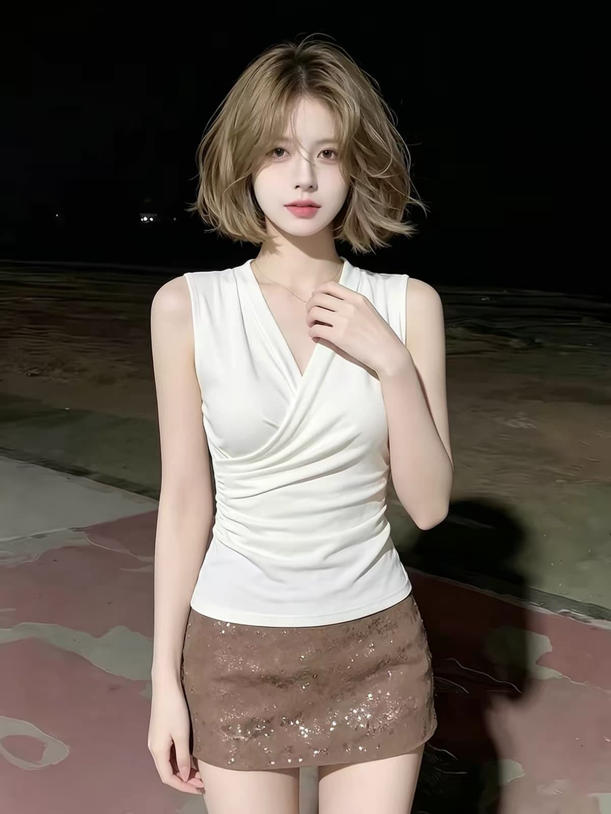화이트 십자가 V넥 허리 수축 민소매 티셔츠 여성 2026 새로운 여름 프랑스식 사소한 아름다운 맨위 해변가 착용 가져 가라. 이미지 3