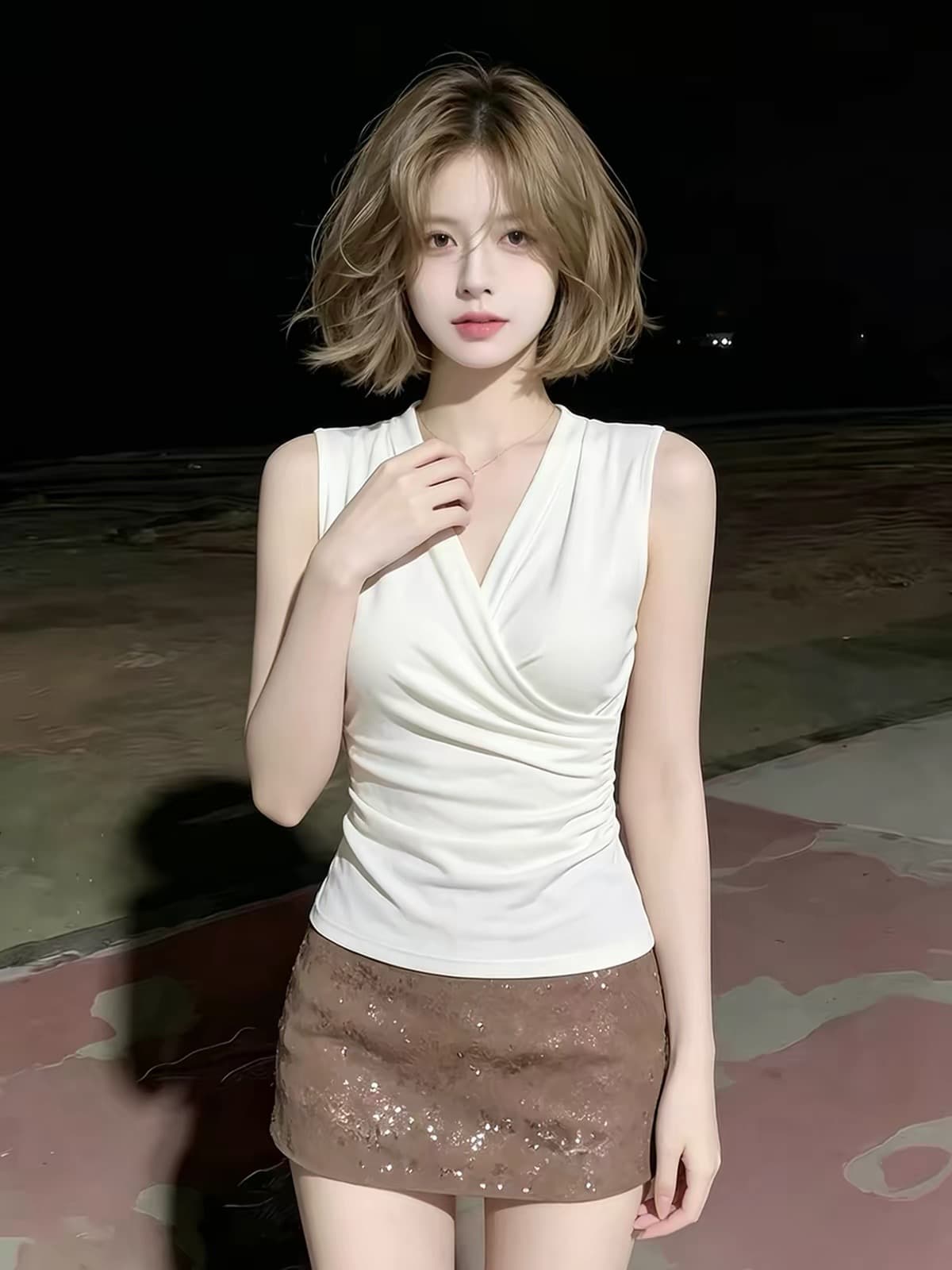 화이트 십자가 V넥 허리 수축 민소매 티셔츠 여성 2026 새로운 여름 프랑스식 사소한 아름다운 맨위 해변가 착용 가져 가라. 상세 이미지 3