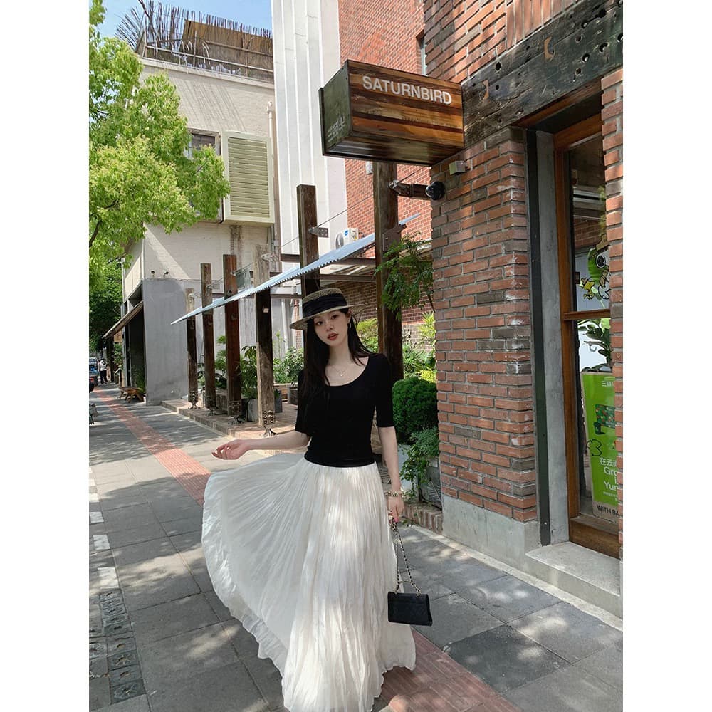 장 베이 베이 ibell 주간 실크 양모 대 u 칼라 몸매 가꾸기 빛 산소 중간 소매 가면 t 허리 수축 슬림해 보이는 다용도 맨위 여성 상세 이미지 4