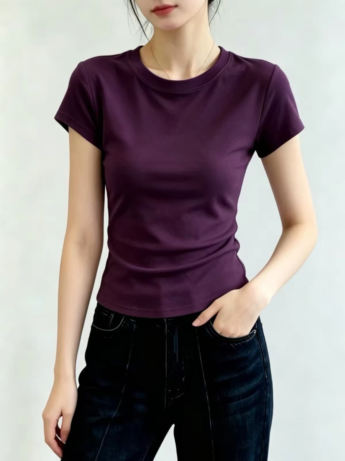 향기로운 芋 보라색 라운드 넥 티셔츠 여성 2026 여름 몸매 가꾸기 반팔 빛 사람들 코치 착용 가져 가라. 튀김 거리 고유 한 아름다운 맨위 이미지 4