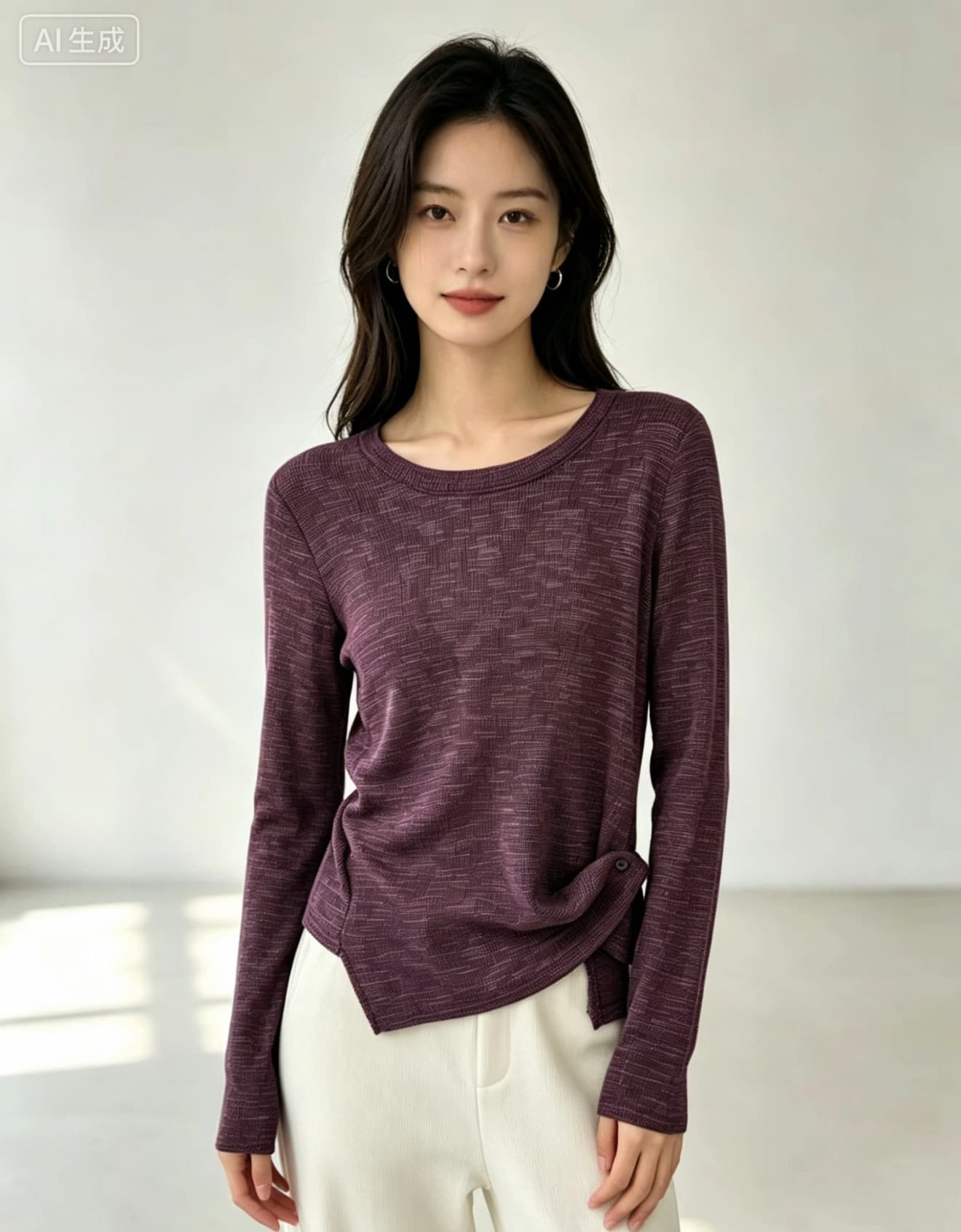 2026 가을 새로운 불규칙 Chic 티셔츠 디자인 센스 라운드 넥 기본 셔츠 여성 다용도 패션 긴팔 맨위 이미지 4