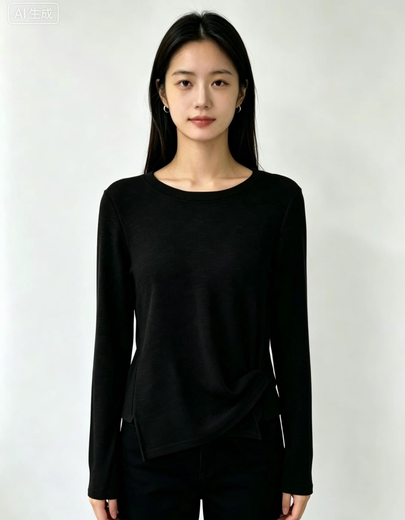 2026 가을 새로운 불규칙 Chic 티셔츠 디자인 센스 라운드 넥 기본 셔츠 여성 다용도 패션 긴팔 맨위 상세 이미지 5