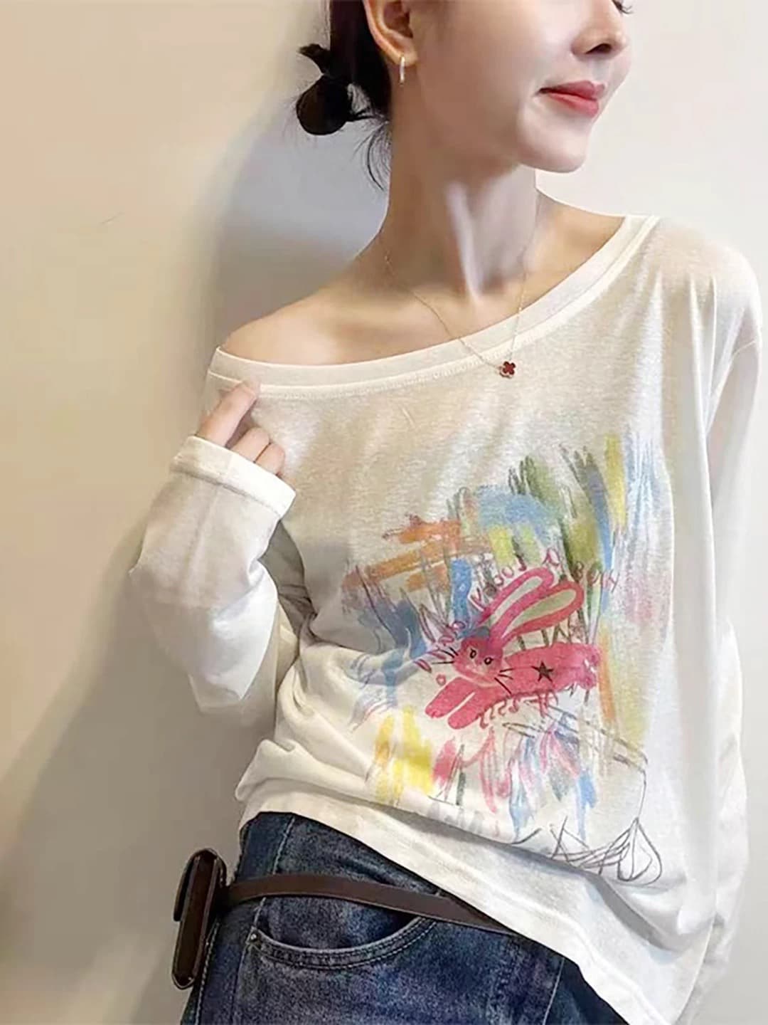 만화 토끼 프린트 긴팔 자외선 차단 블라우스 티셔츠 여성 26 여름 새로운 한 부서 루즈핏 다용도 느긋한 바람 맨위