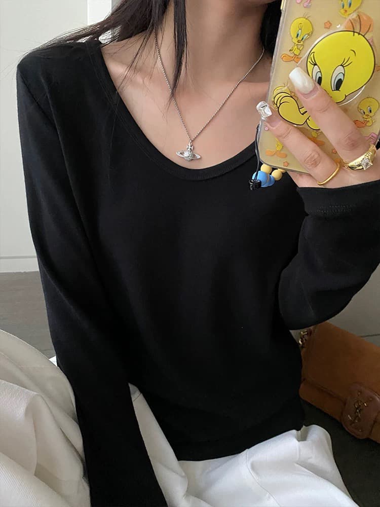 심황 색상 V넥 긍정적 인 어깨 긴팔 티셔츠 여성 2026 이른 봄 새로운 인사이드 가져 가라. 화이트 기본 셔츠 루즈핏 잘 생긴 맨위 상세 이미지 4
