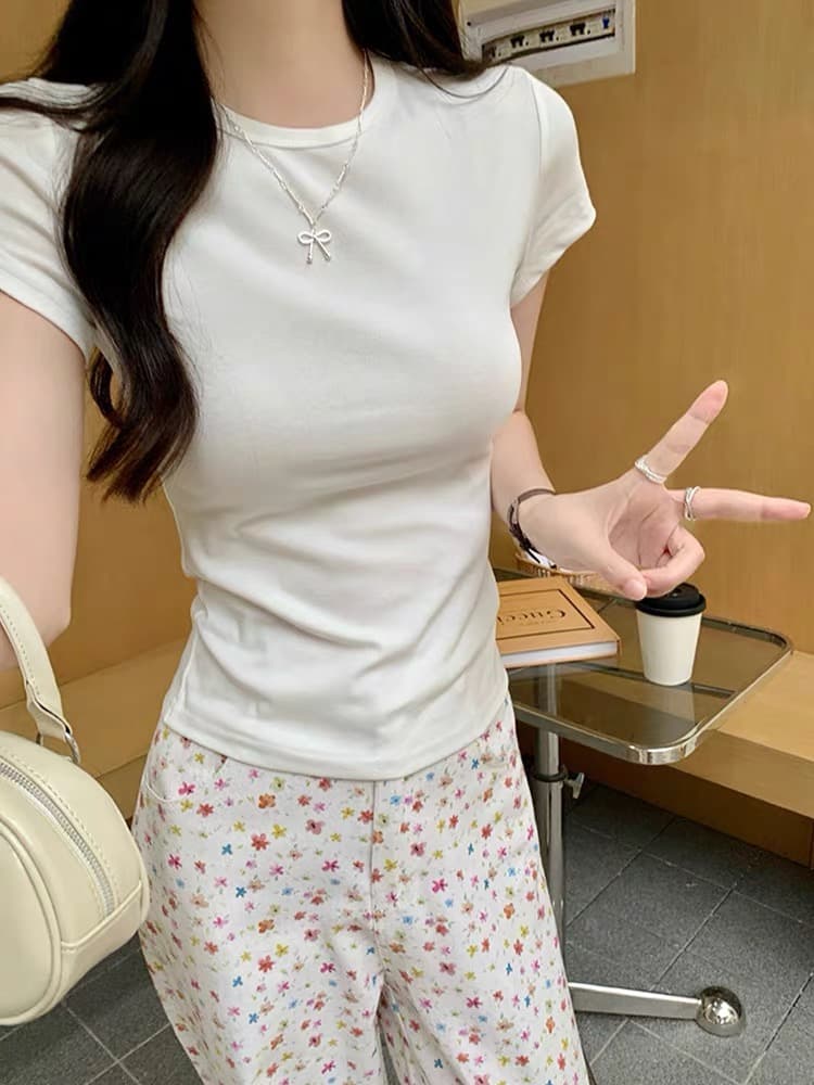 검정색 긍정적 인 어깨 반팔 티셔츠 여성 여름 착용 가져 가라. 동정 기본 셔츠 핫걸 타이트 쇼트 스타일 몸매 가꾸기 슬림해 보이는 맨위 상세 이미지 3