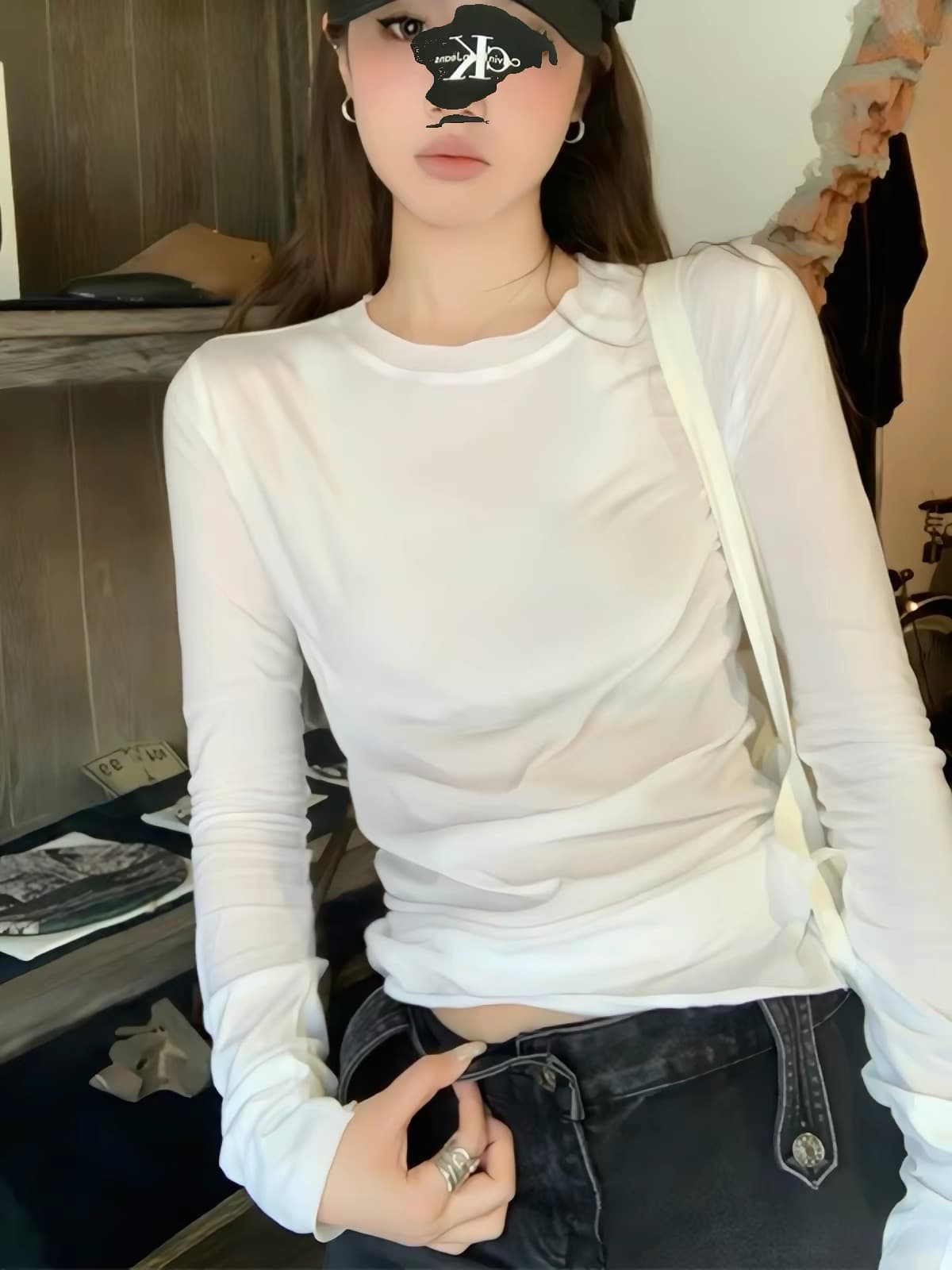 Chic 마이크로 ~을 통해 볼륨 측면 라운드 넥 자외선 차단 티셔츠 여성 긴 소매 2026 봄 가을 새로운 한국 스타일 몸매 가꾸기 표지 셔츠 얇은 스타일 상세 이미지 3