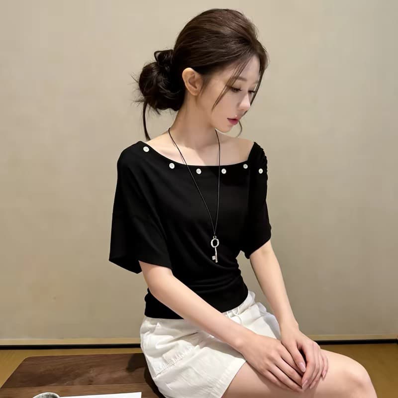 디자인 센스 작은 대중 반팔 티셔츠 여성 여름 새로운 보트넥 오프숄더 슬림해 보이는 다용도 작은 대중 그레이트 봐. 의류 이미지 2