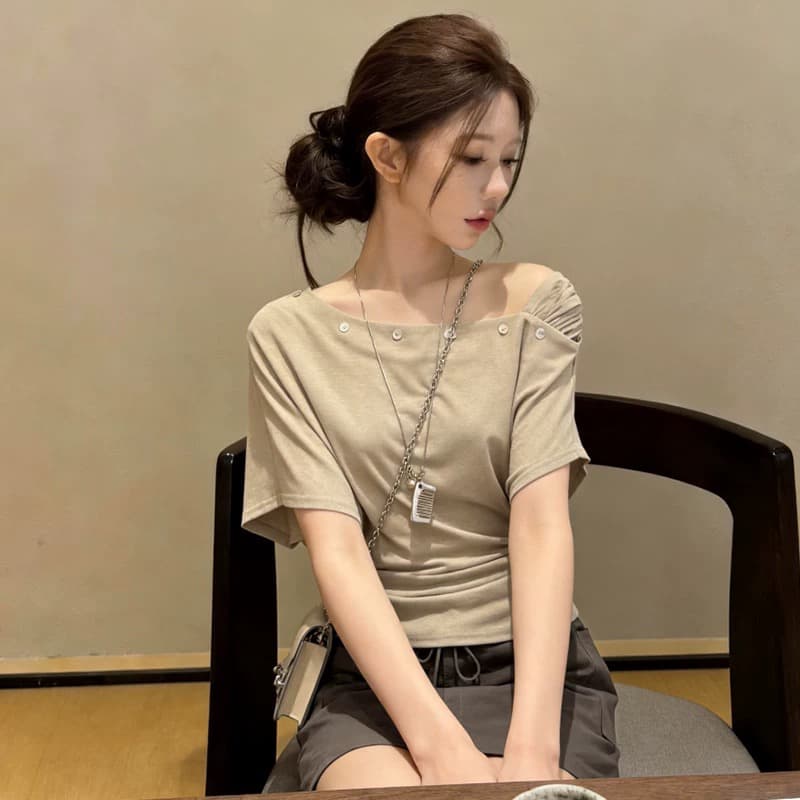 디자인 센스 작은 대중 반팔 티셔츠 여성 여름 새로운 보트넥 오프숄더 슬림해 보이는 다용도 작은 대중 그레이트 봐. 의류 상세 이미지 4