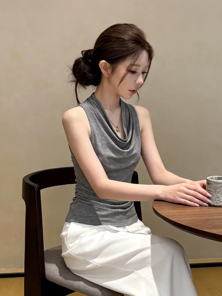 순수한 욕망 바람 흔들다 칼라 민소매 티셔츠 여성 여름 새로운 몸매 가꾸기 슬림해 보이는 허리 수축 주름 다용도 조끼 핫걸 바람 맨위