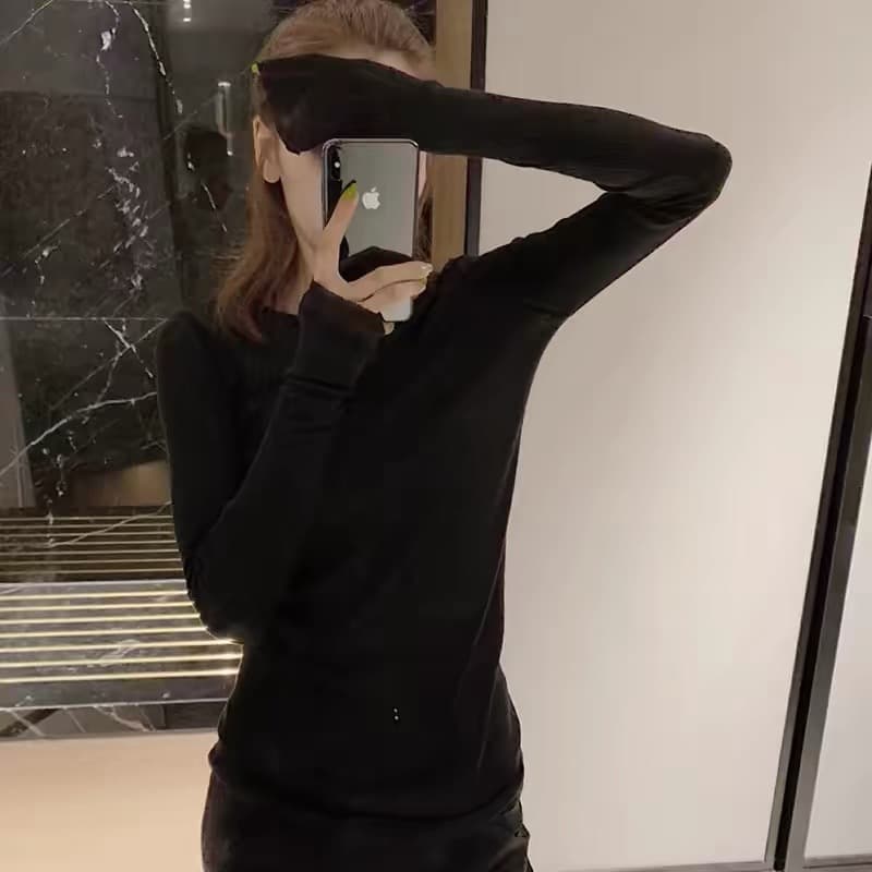 주간 실크 가면 자외선 차단 의류 긴팔 티셔츠 여성 프랑스식 꼬집기 허리 슬립 얇은 스타일 에어컨 홀로우 아웃 블라우스 얼음 실크 맨위 이미지 3