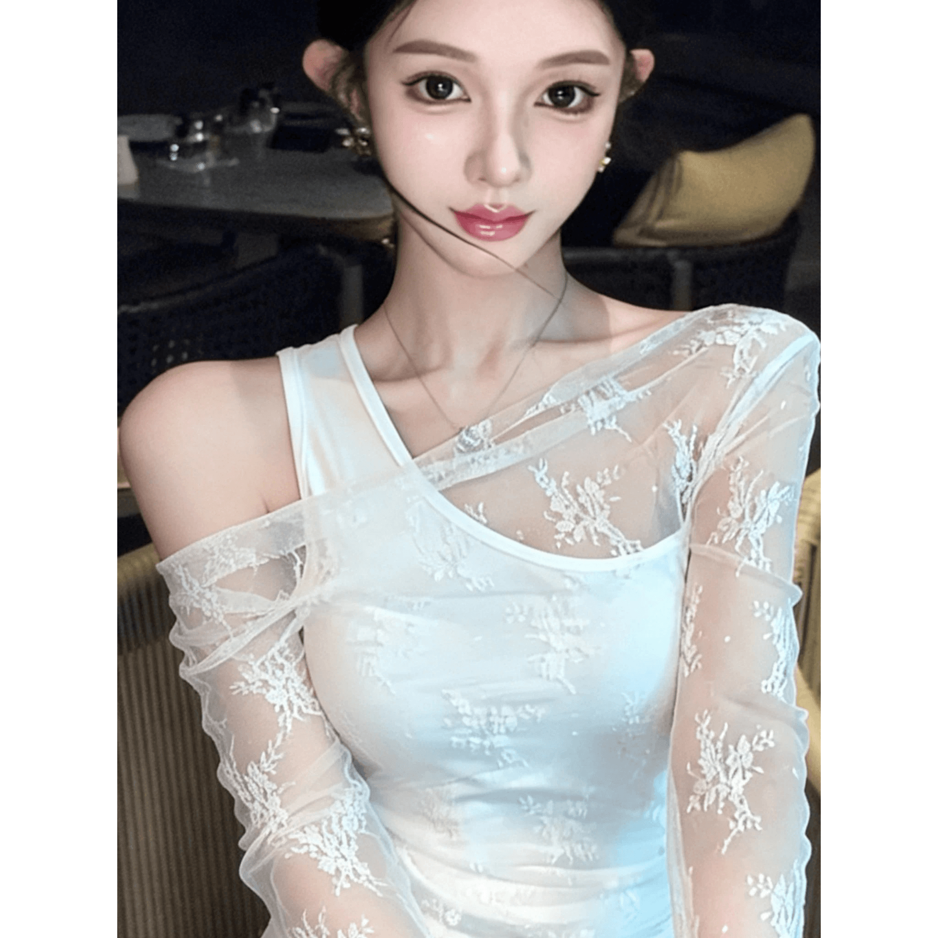 섹시함 홀로우 아웃 레이스 조각 긴팔 티셔츠 여성 2026 년 여름 Chic 세련된 몸매 가꾸기 슬림해 보이는 시스루 맨위 이미지 5