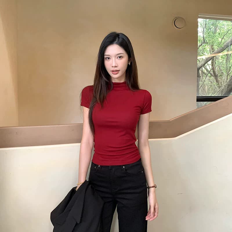 반하이넥 티셔츠 여성용 짧은 소매 2026 봄 가을 새로운 몸매 가꾸기 모달 기본 셔츠 인사이드 가져 가라. 슬림해 보이는 얇은 스타일 맨위 이미지 3