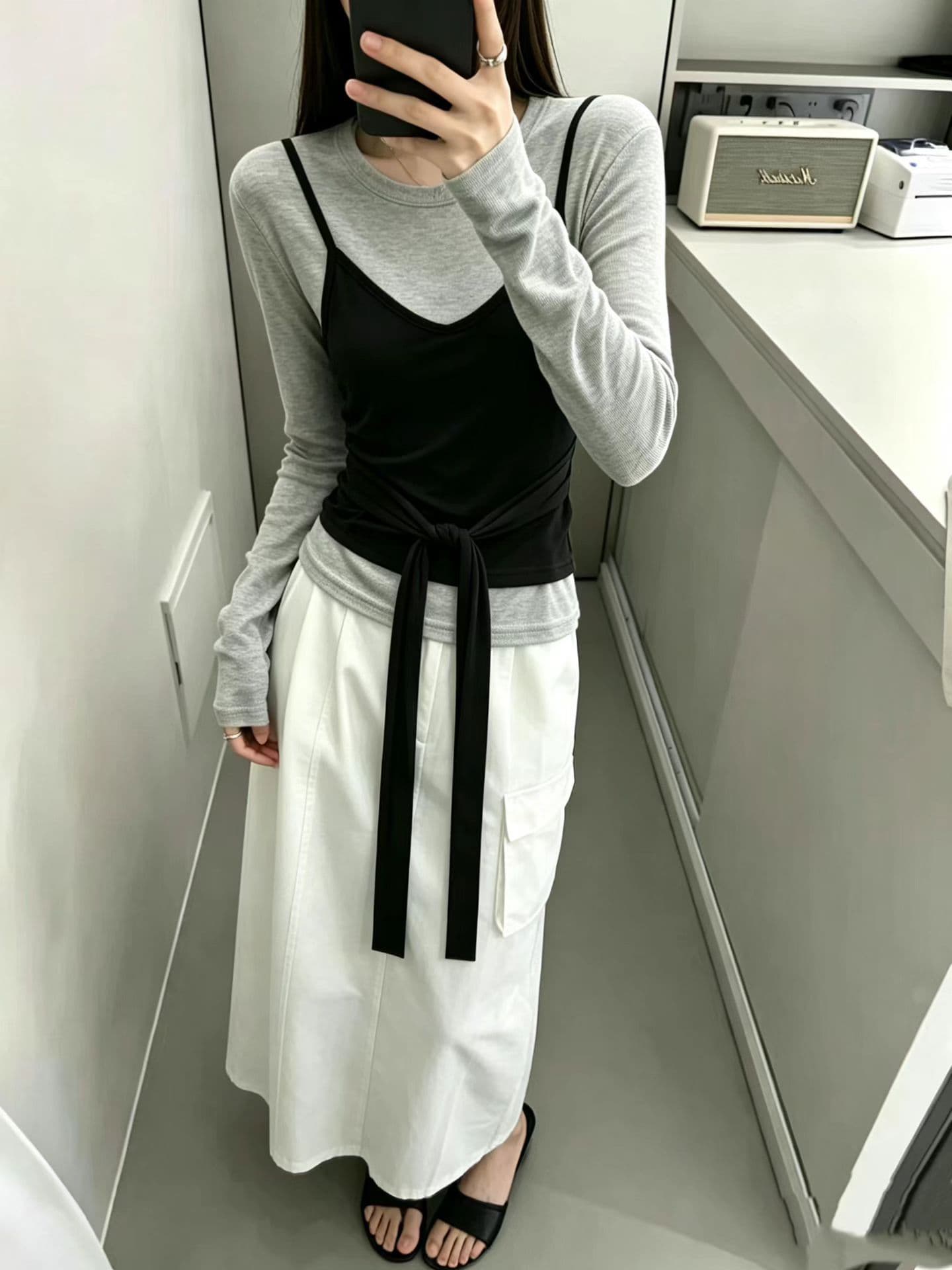 배색 패치워크 페이크 레이어드 긴팔 티셔츠 여성 조기 가을 착용 가져 가라. 디자인 센스 작은 대중 스택 착용 슬립 슬림해 보이는 맨위 이미지 4