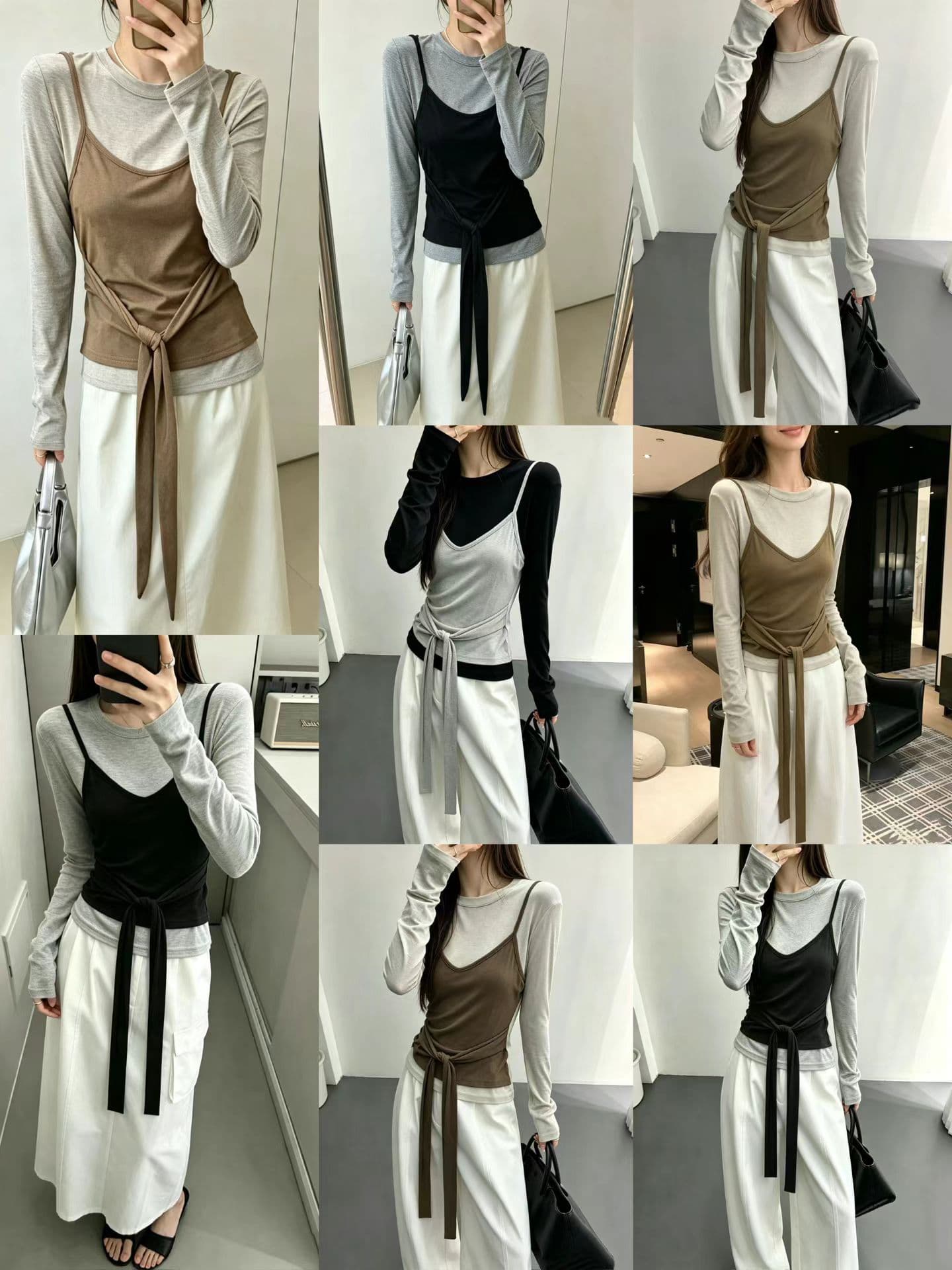 배색 패치워크 페이크 레이어드 긴팔 티셔츠 여성 조기 가을 착용 가져 가라. 디자인 센스 작은 대중 스택 착용 슬립 슬림해 보이는 맨위 상세 이미지 9