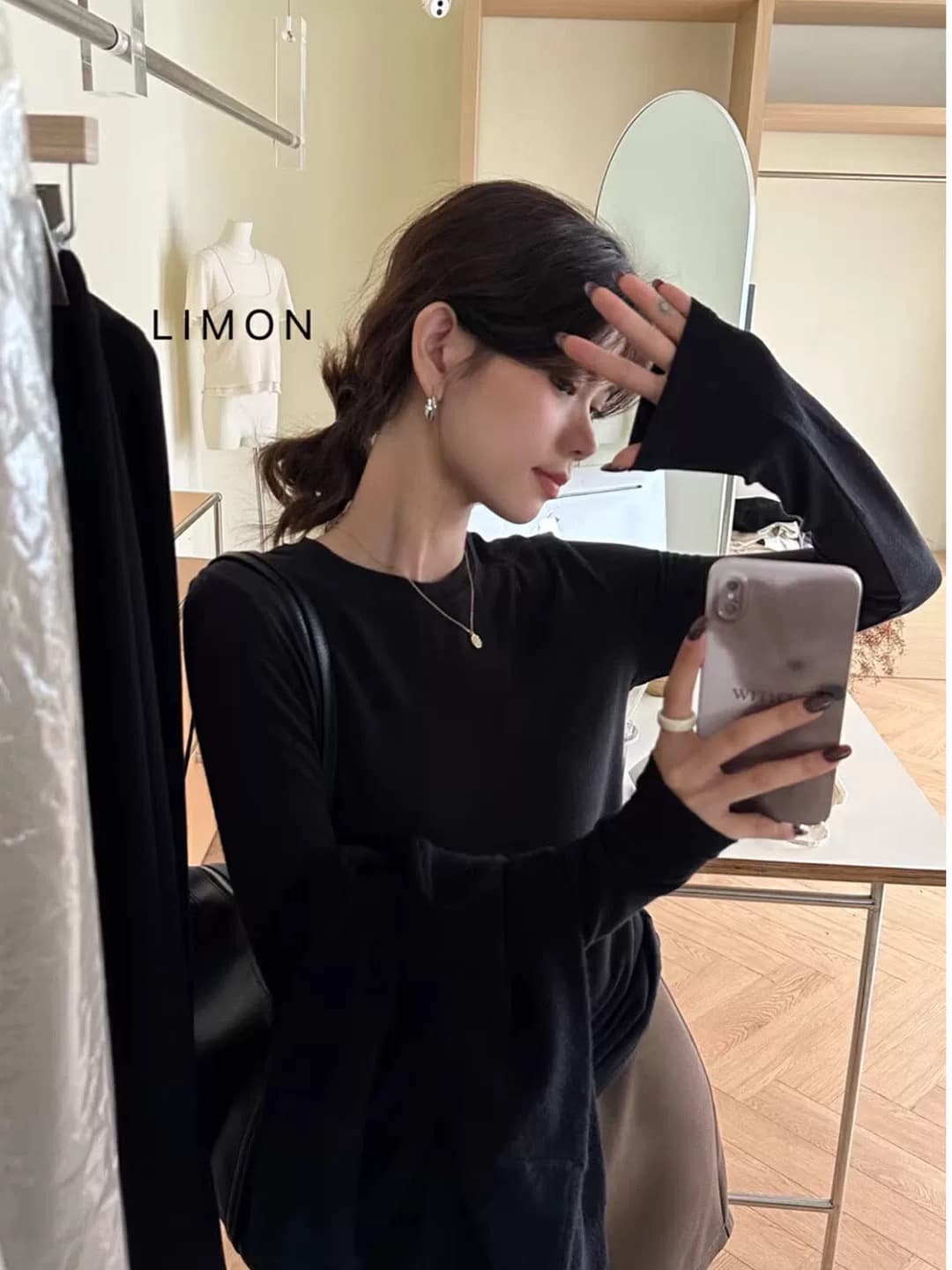 한 부서 높은 탄력성 회색 라운드 넥 긍정적 인 어깨 긴팔 티셔츠 여성 가을 겨울 고급 센스 몸매 가꾸기 인사이드 가져 가라. 기본 셔츠 맨위 상세 이미지 4