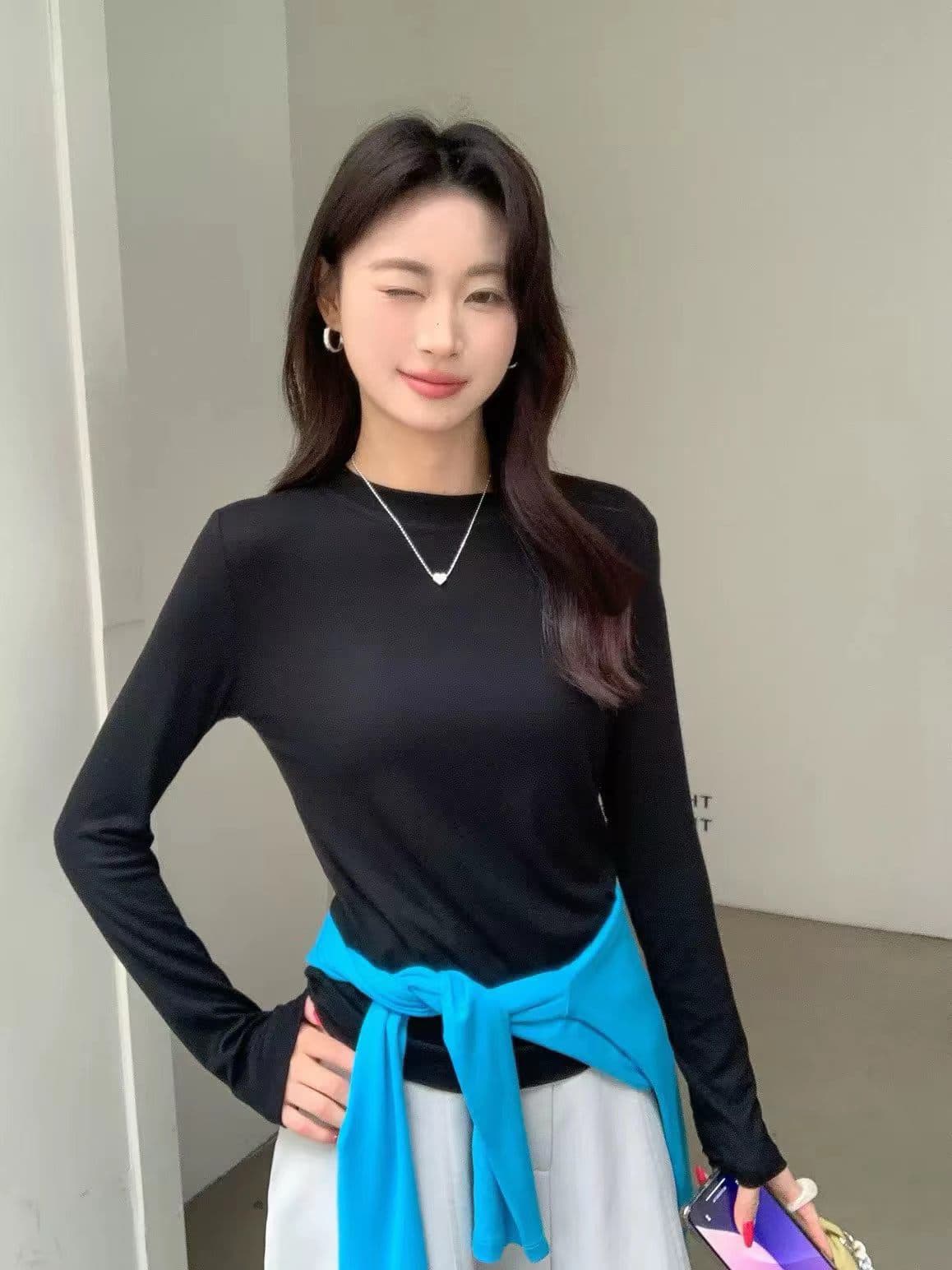 한 부서 높은 탄력성 회색 라운드 넥 긍정적 인 어깨 긴팔 티셔츠 여성 가을 겨울 고급 센스 몸매 가꾸기 인사이드 가져 가라. 기본 셔츠 맨위 상세 이미지 10