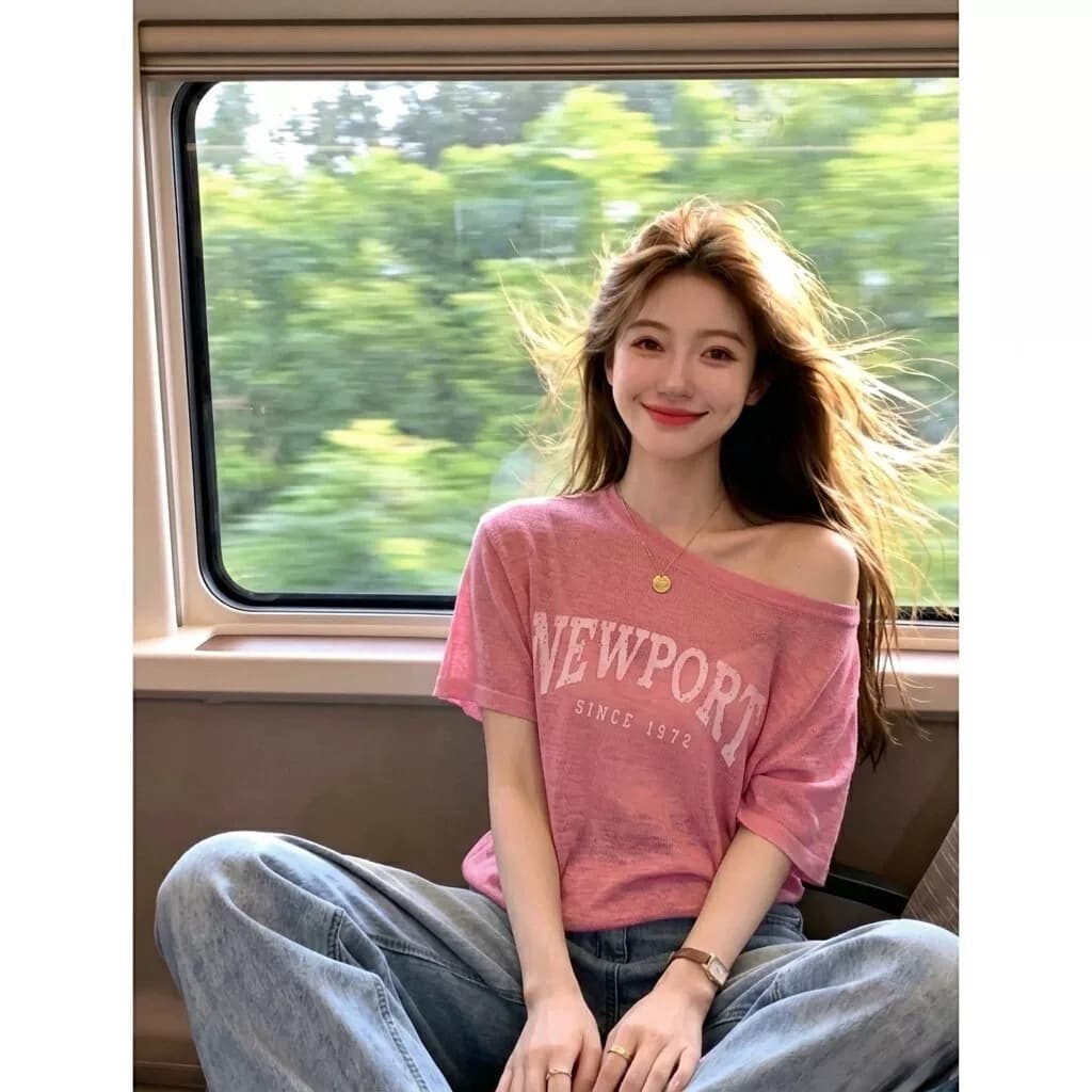 아메리칸 비스듬한 어깨 알파벳 프린트 니트 반팔 티셔츠 여성 여름 얇은 스타일 오프숄더 고유 한 아름다운 그레이트 봐. 의류 상세 이미지 1