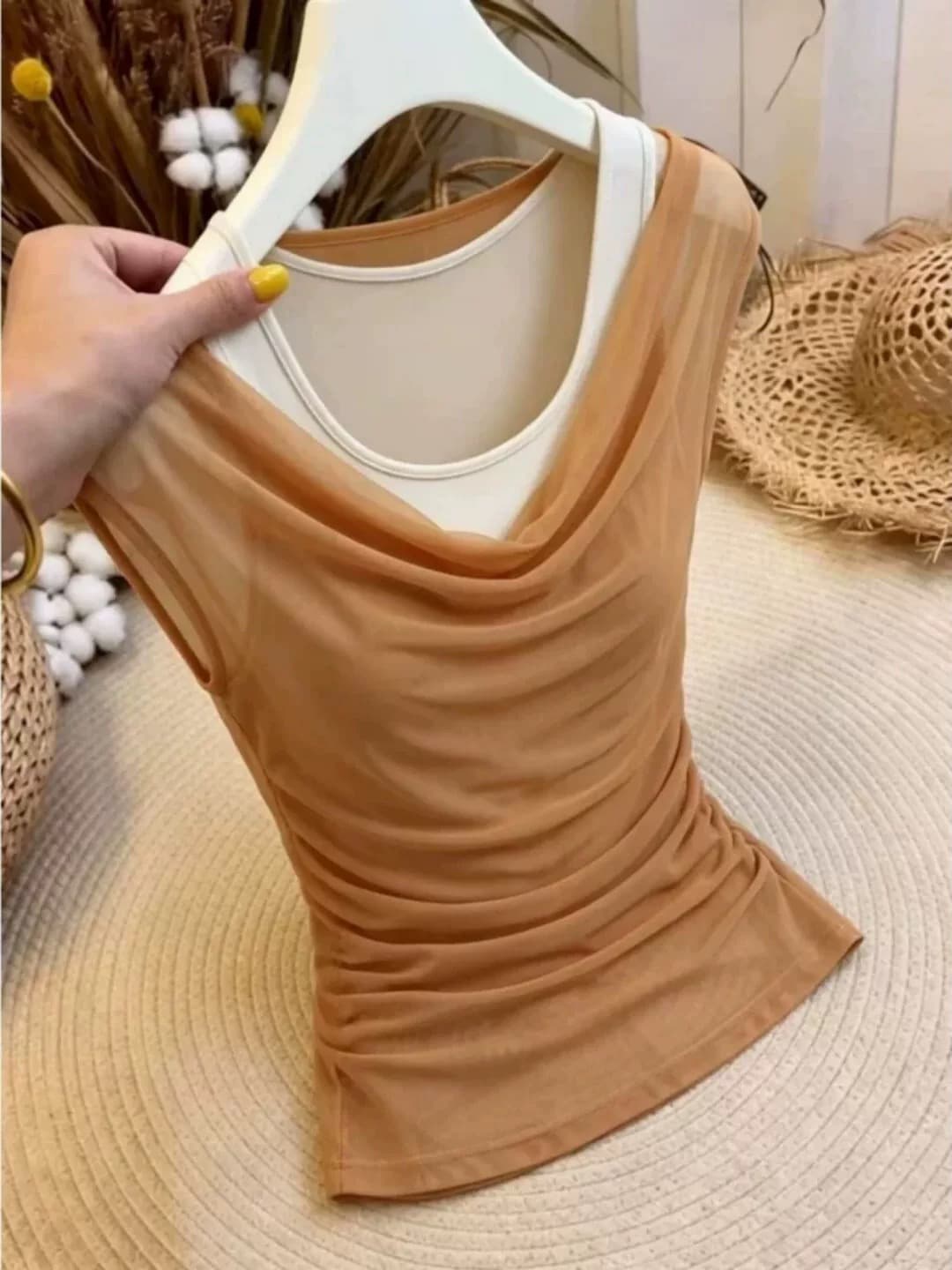 불규칙 흔들다 칼라 페이크 레이어드 반팔 티셔츠 여성 주름 몸매 가꾸기 여름 고급 센스 민소매 슬림해 보이는 허리 수축 맨위 상세 이미지 1