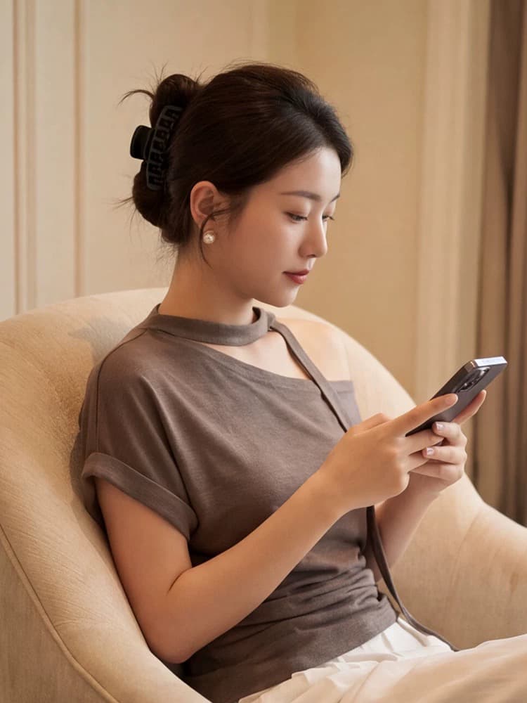 프랑스식 부드러운 바람 비스듬한 어깨 행침 목 반팔 티셔츠 여성 여름 새로운 허리 수축 슬림해 보이는 비대칭 이슬 쇄골 맨위 상세 이미지 4