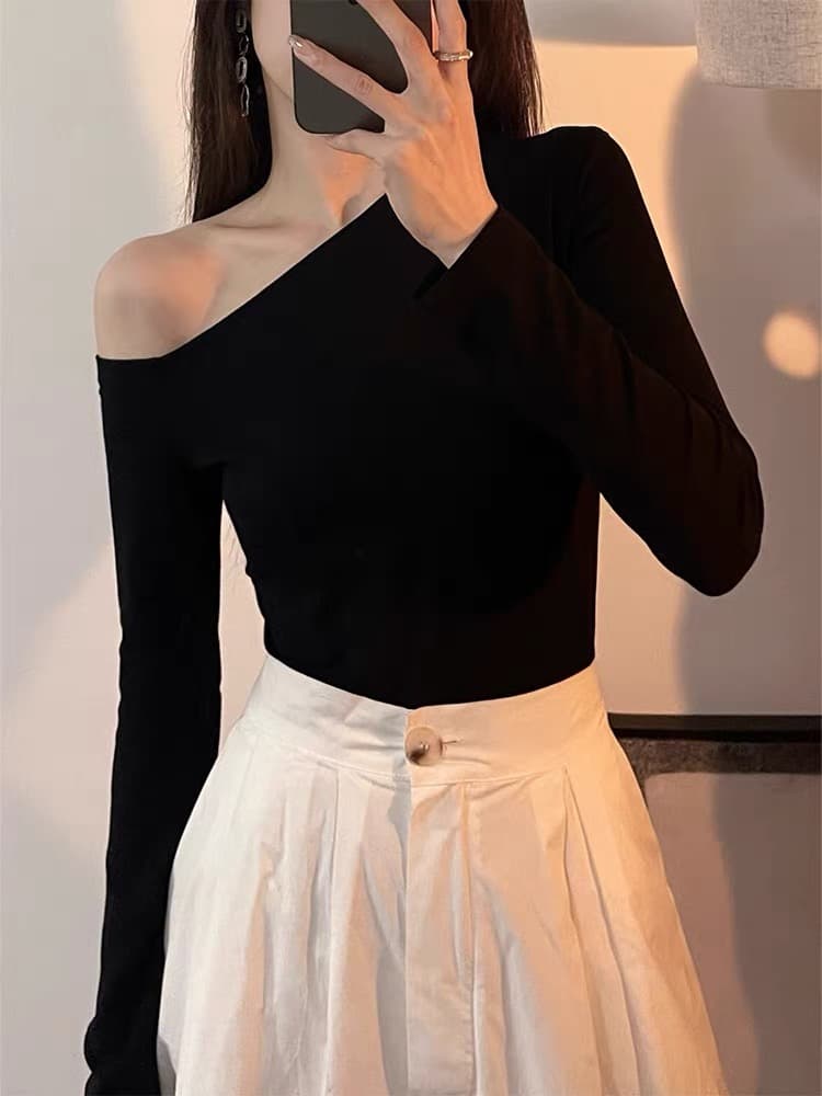 검정색 오프숄더 긴팔 티셔츠 여성 26 새로운 봄 몸매 가꾸기 비스듬한 어깨 섹시함 기본 셔츠 슬림해 보이는 오프숄더 맨위 이미지 3