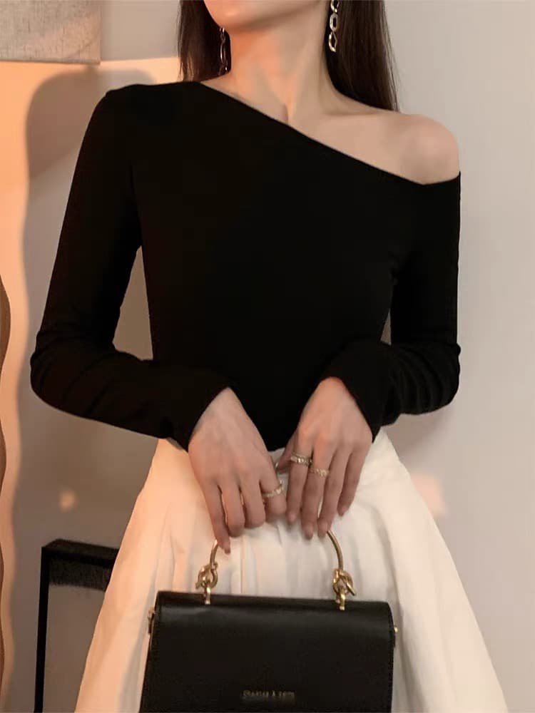 검정색 오프숄더 긴팔 티셔츠 여성 26 새로운 봄 몸매 가꾸기 비스듬한 어깨 섹시함 기본 셔츠 슬림해 보이는 오프숄더 맨위 상세 이미지 3