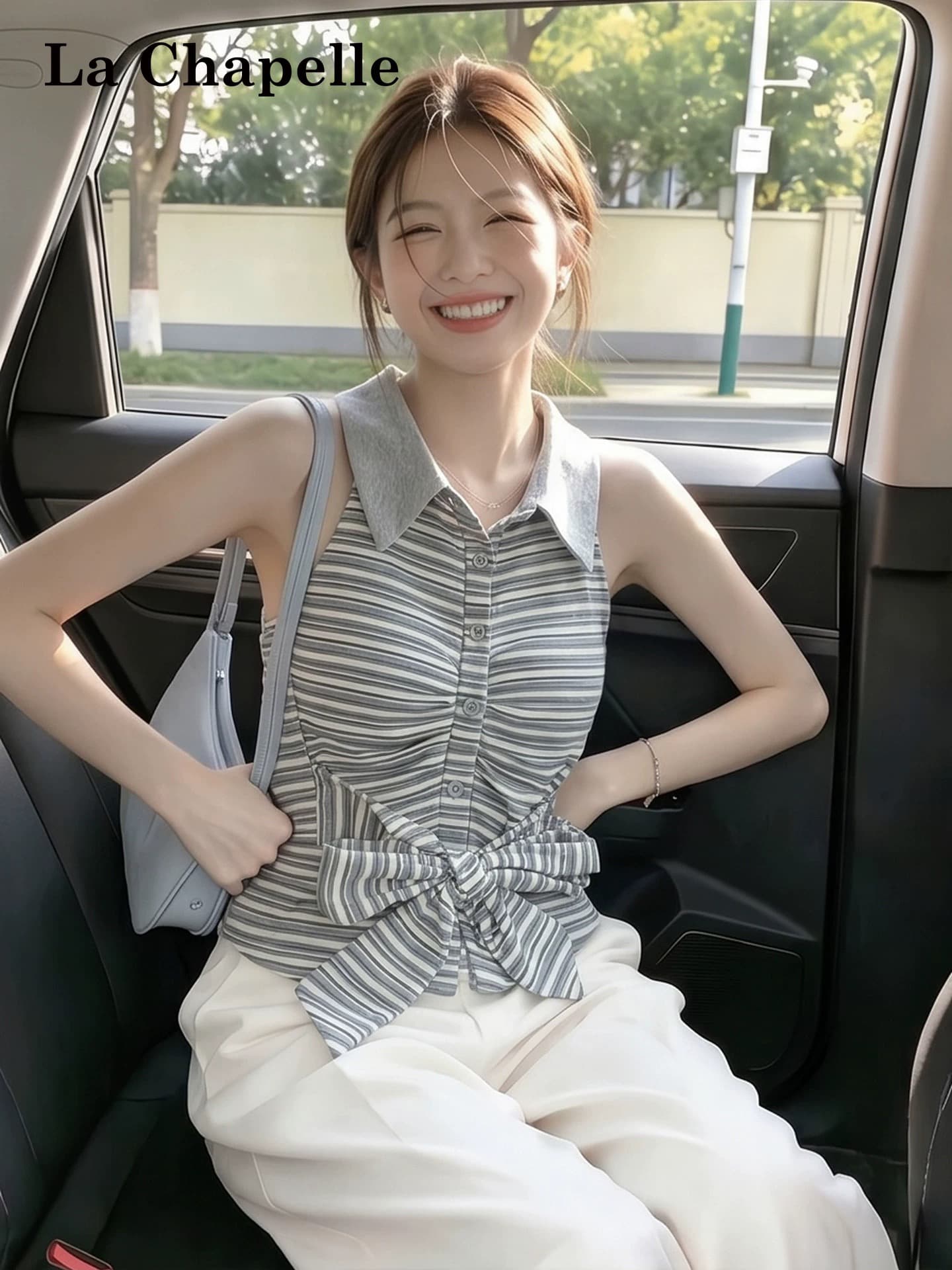 학원 스타일 POLO 칼라 스트라이프 행침 목 캐미솔 외출용 여름 허리 수축 스트랩 민소매 튜브탑 작은 맨위