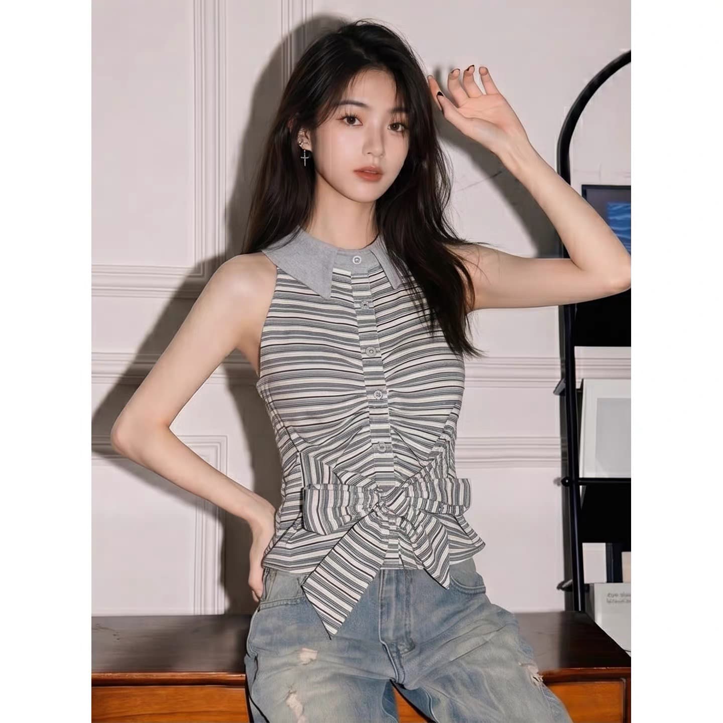 학원 스타일 POLO 칼라 스트라이프 행침 목 캐미솔 외출용 여름 허리 수축 스트랩 민소매 튜브탑 작은 맨위 이미지 2
