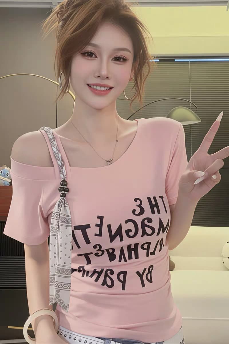 디자인 센스 비스듬한 어깨 싸움 스카프 프린트 반팔 티셔츠 여성 2026 여름 자이언트 잘 생긴 몸매 가꾸기 슬림해 보이는 다용도 맨위 상세 이미지 5