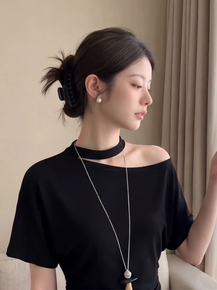 작은 대중 디자인 센스 비스듬한 어깨 불규칙 스트라이프 반팔 티셔츠 여성 여름 새로운 슬림해 보이는 고유 한 아름다운 작은 맨위 상세 이미지 5