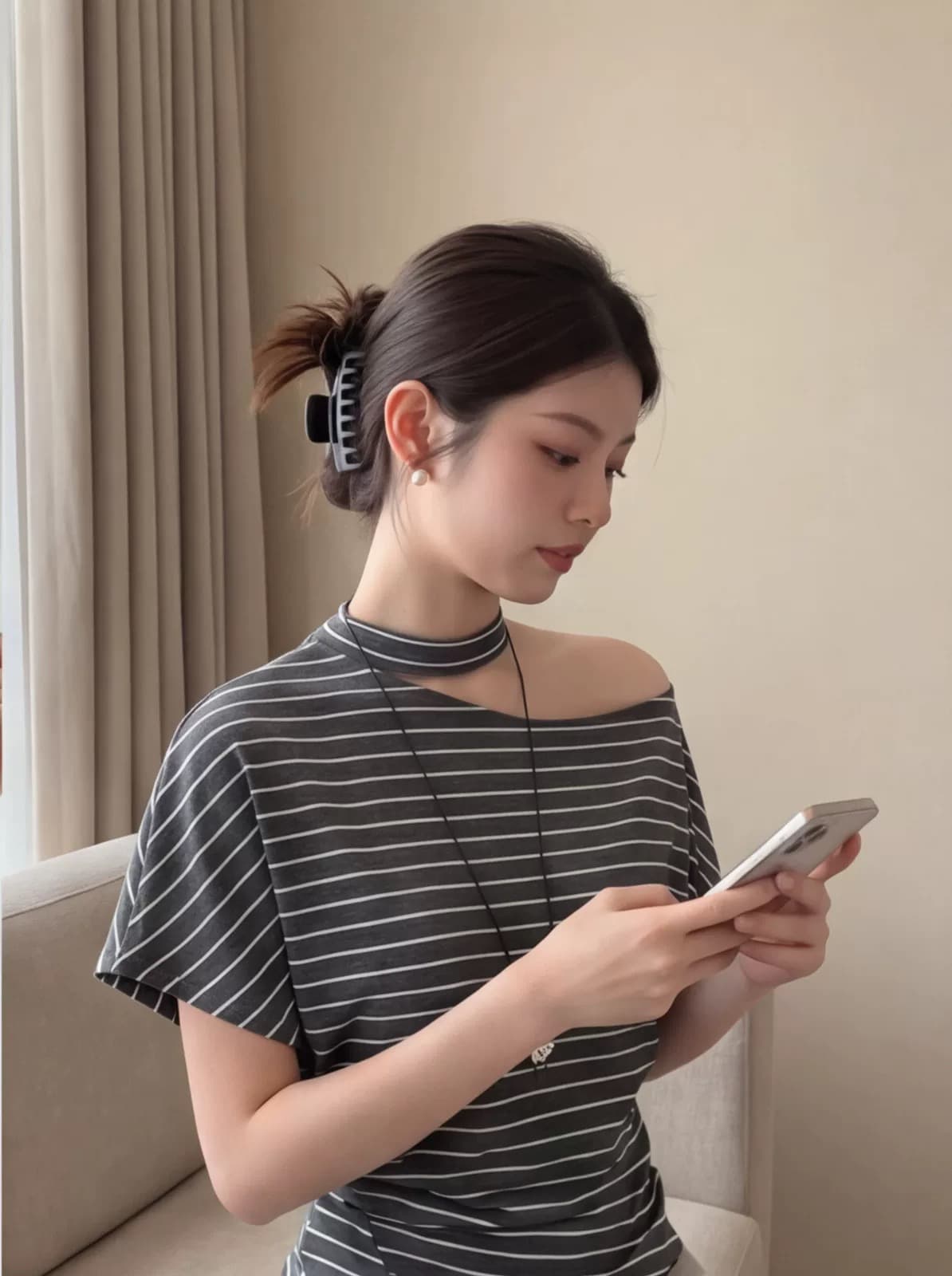 작은 대중 디자인 센스 비스듬한 어깨 불규칙 스트라이프 반팔 티셔츠 여성 여름 새로운 슬림해 보이는 고유 한 아름다운 작은 맨위 상세 이미지 7