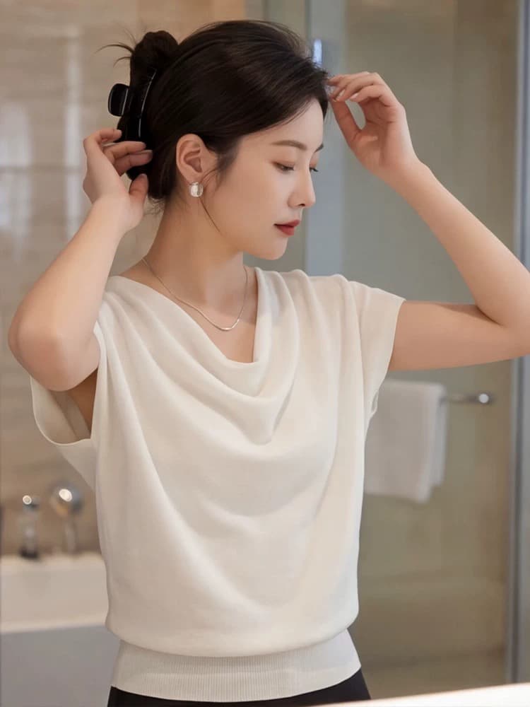 미니멀리즘 지성 바람 흔들다 칼라 도루 가을 디자인 반팔 여름 새로운 디스플레이 쇄골 출퇴근 일상 부드러운 품격 맨위 상세 이미지 1