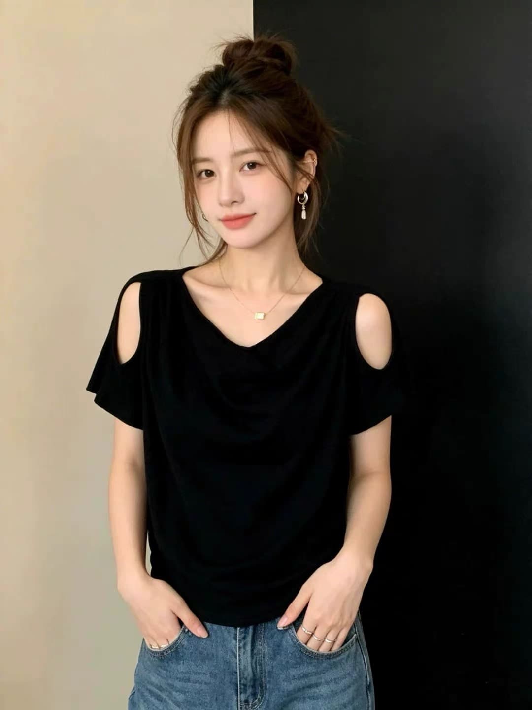 디자인 센스 오프숄더 흔들다 칼라 반팔 티셔츠 여성 여름 자이언트 잘 생긴 슬림해 보이는 표지 고기 동정 고급 Chic 맨위 상세 이미지 3