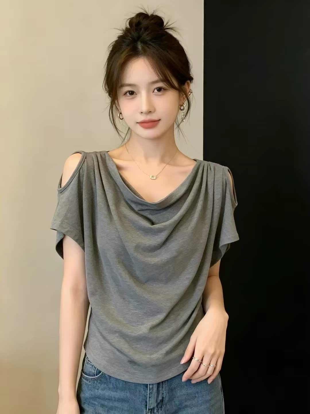 디자인 센스 오프숄더 흔들다 칼라 반팔 티셔츠 여성 여름 자이언트 잘 생긴 슬림해 보이는 표지 고기 동정 고급 Chic 맨위 상세 이미지 4