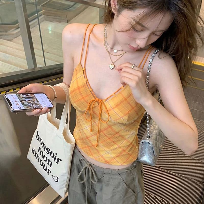 아메리칸 도파민 핫걸 수 있습니다. 조정 어깨끈 캐미솔 여름 작은 키 몸매 가꾸기 인사이드 가져 가라. V넥 맨위 이미지 5