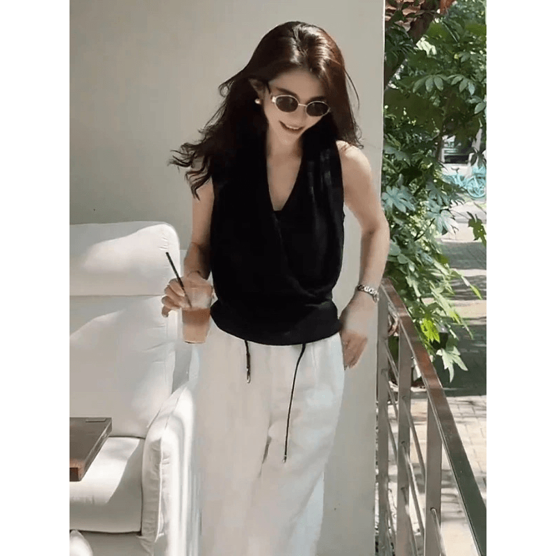 V넥 흔들다 칼라 행침 목 캐미솔 여름 몸매 가꾸기 슬림해 보이는 만나는 Chic 디자인 센스 외출용 민소매 맨위 이미지 5
