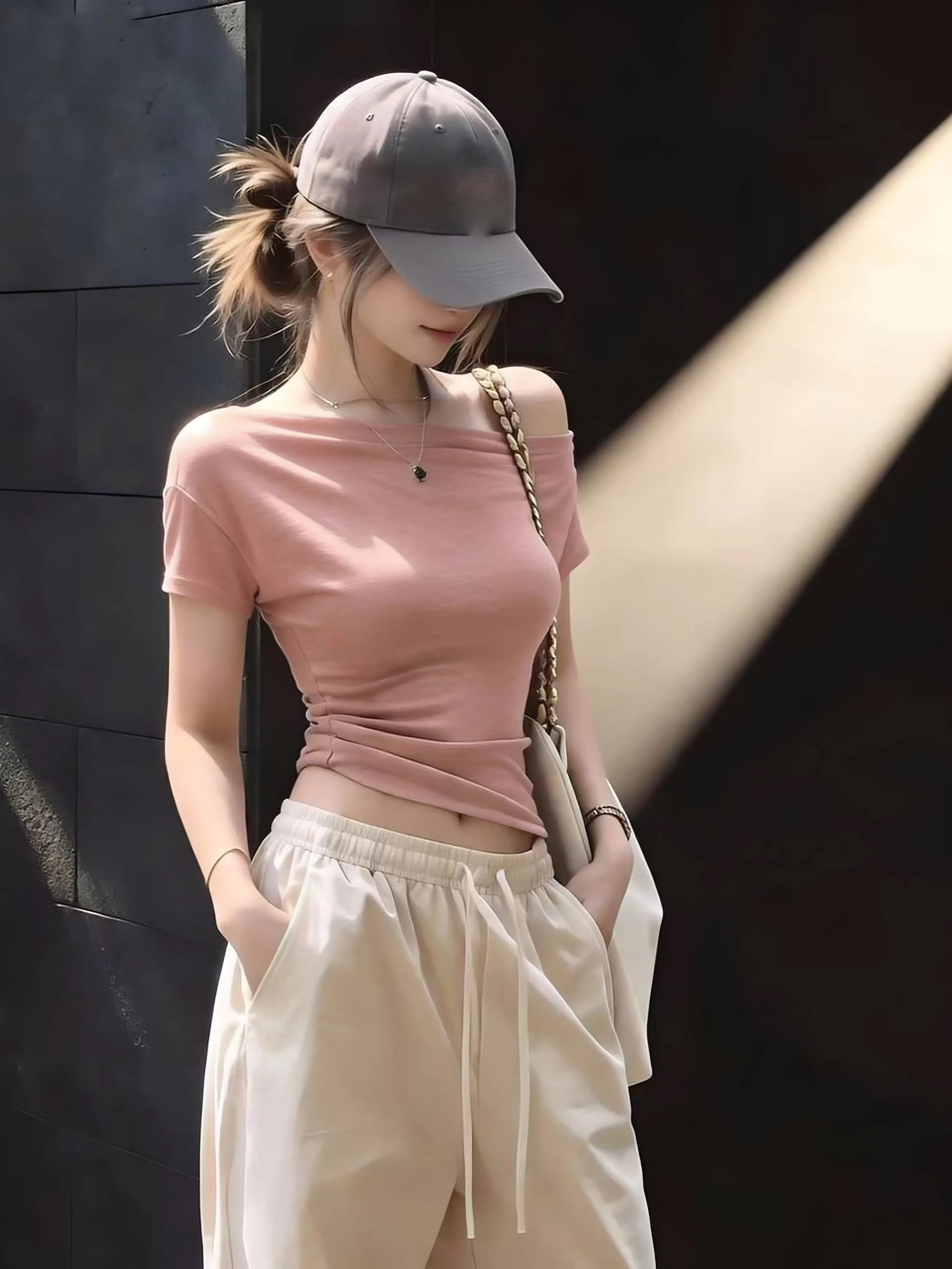 한 부서 작은 대중 오프숄더 반팔 티셔츠 여성 여름 핑크색 오프숄더 몸매 가꾸기 슬림해 보이는 다용도 품격 만나는 맨위