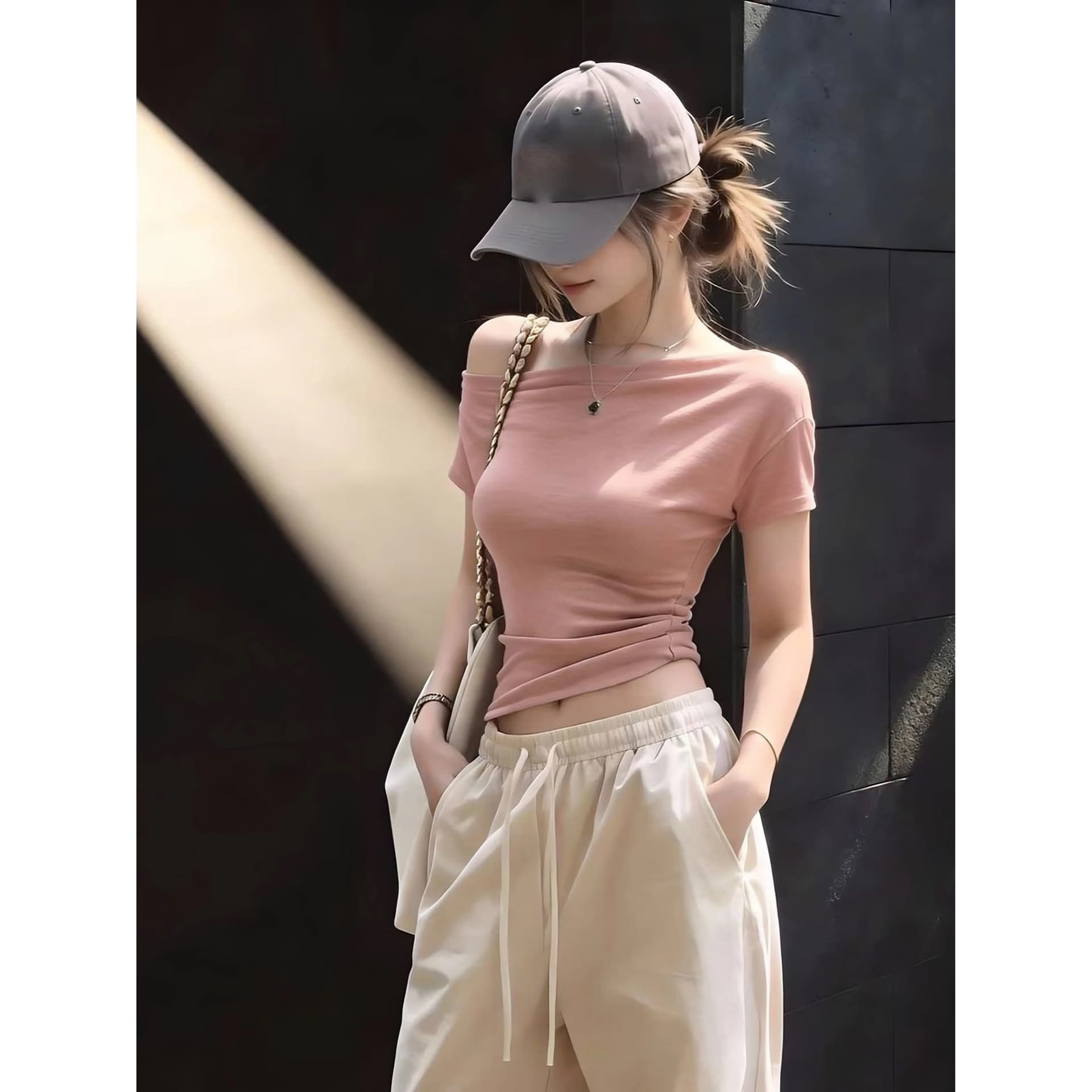 한 부서 작은 대중 오프숄더 반팔 티셔츠 여성 여름 핑크색 오프숄더 몸매 가꾸기 슬림해 보이는 다용도 품격 만나는 맨위 이미지 5