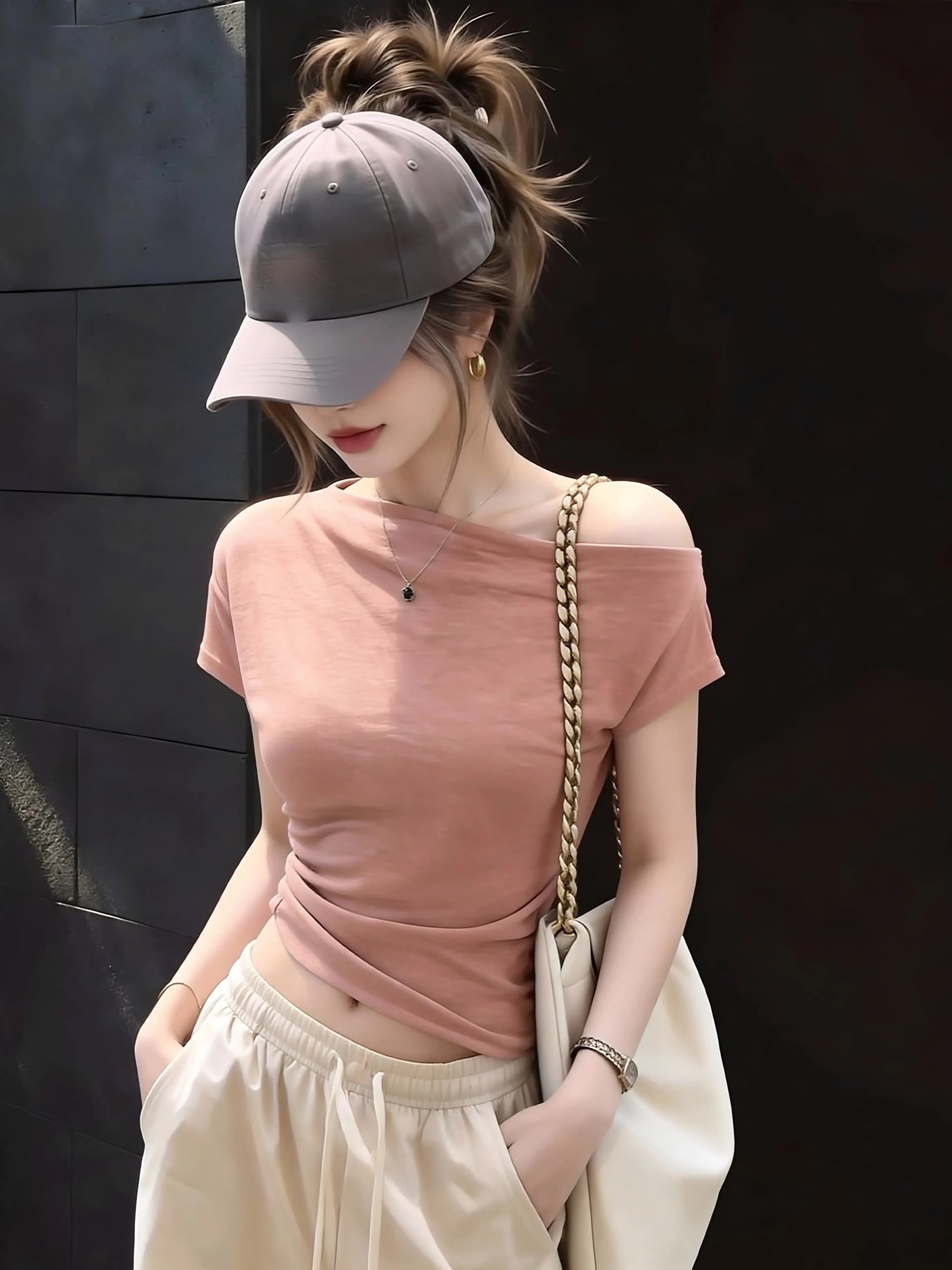 한 부서 작은 대중 오프숄더 반팔 티셔츠 여성 여름 핑크색 오프숄더 몸매 가꾸기 슬림해 보이는 다용도 품격 만나는 맨위 상세 이미지 6