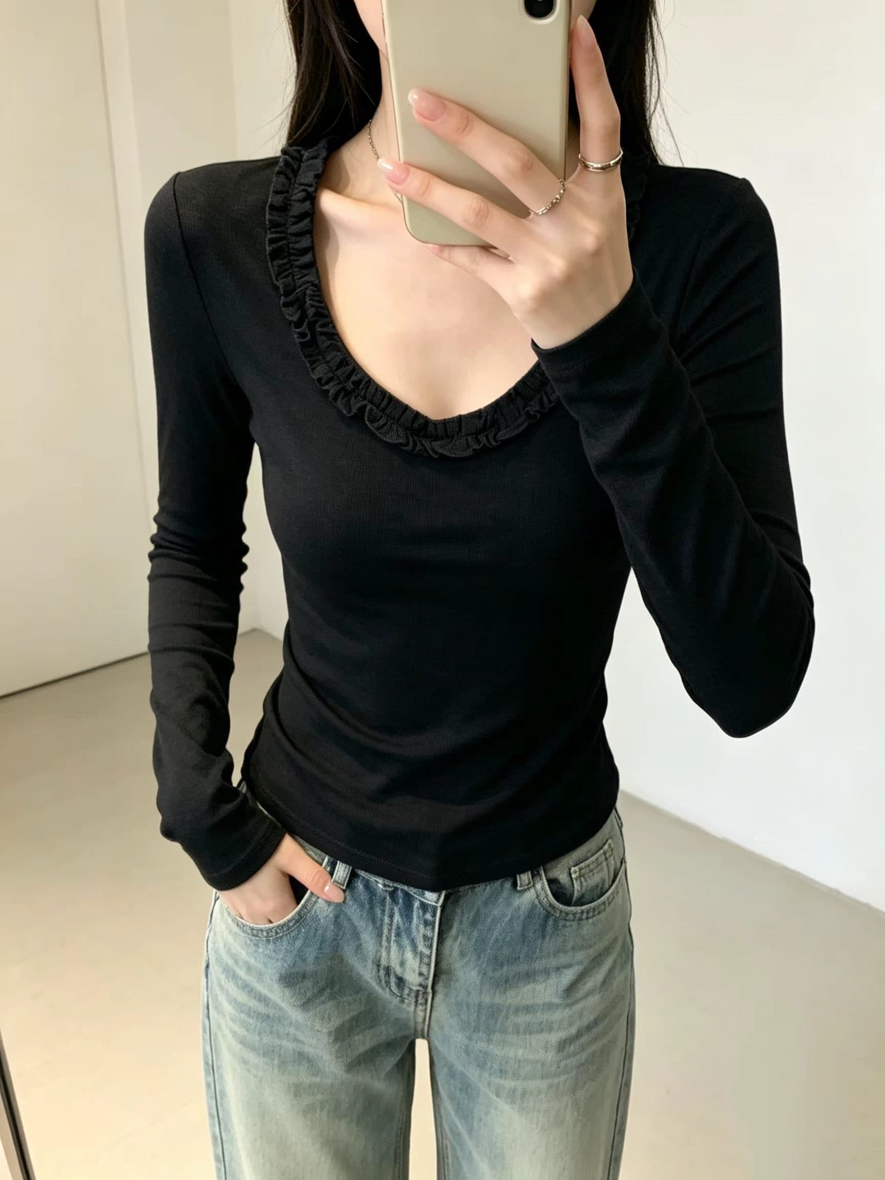 한국 동대문 가을 새로운 품격 프릴 u 칼라 긴팔 티셔츠 여성 몸매 가꾸기 주름 장식 허리 수축 긍정적 인 어깨 의류 이미지 4