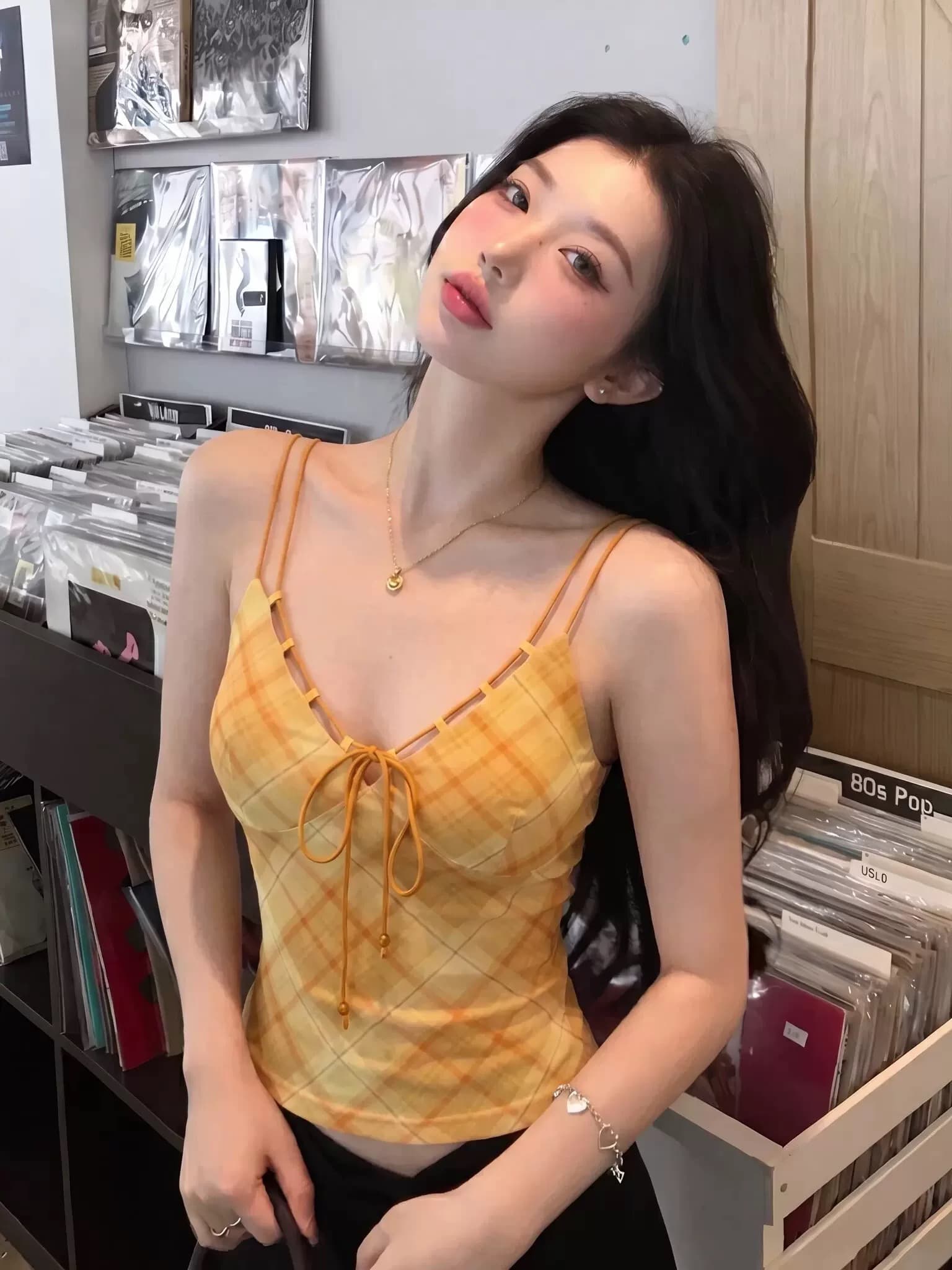 아메리칸 레트로 주황색 체크무늬 V넥 캐미솔 여름 외출용 인사이드 가져 가라. 몸매 가꾸기 순수한 욕망 핫걸 아름다움 뒤쪽에 의류 상세 이미지 3